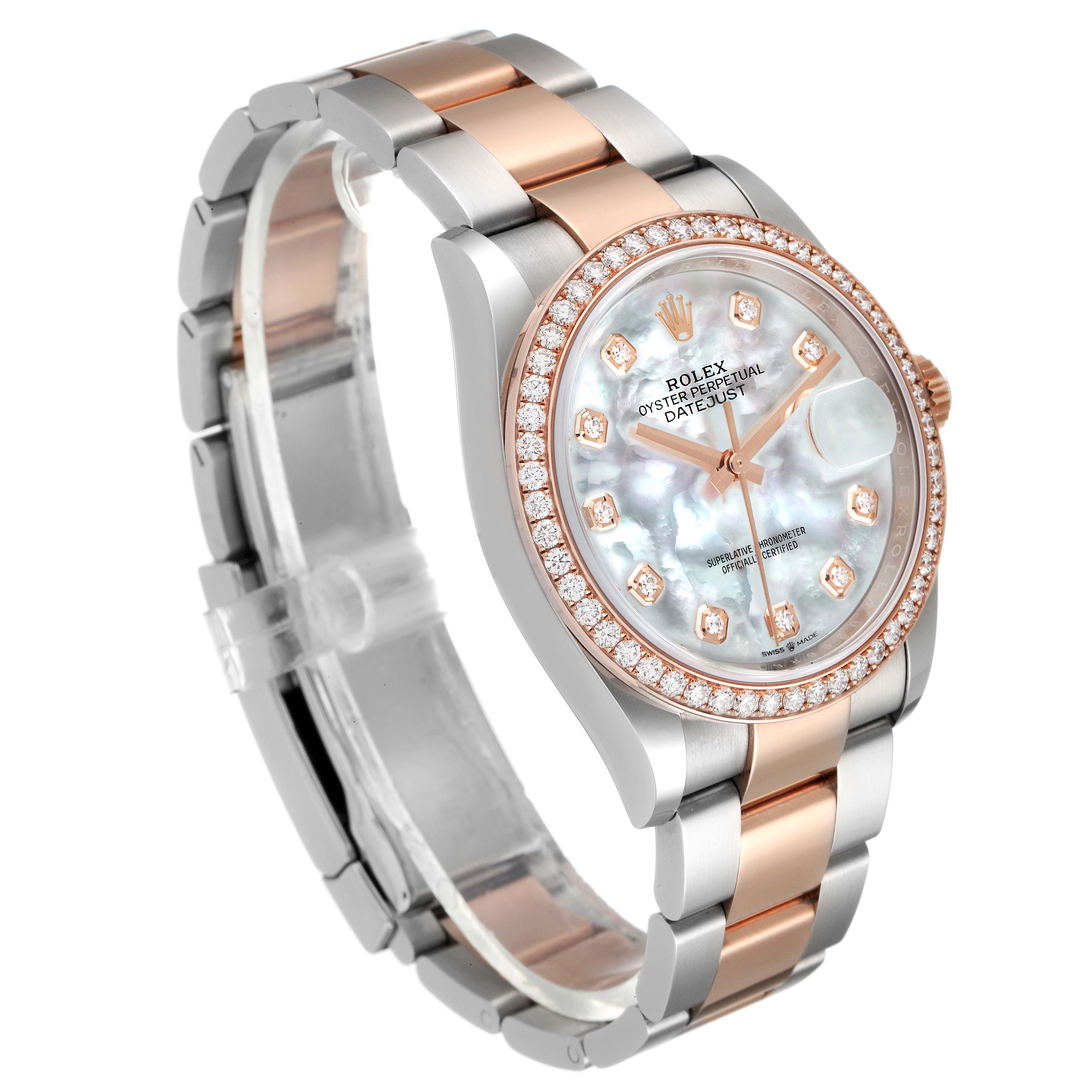 The image shows a Rolex Datejust 126281 Men's Steel and Gold (two tone) Mother of Pearl Dial 126281 Men's Steel and Gold (two tone) Mother of Pearl Dial wristwatch with a mother-of-pearl dial, diamond bezel, and two-tone metal bracelet at a three-quarter view.