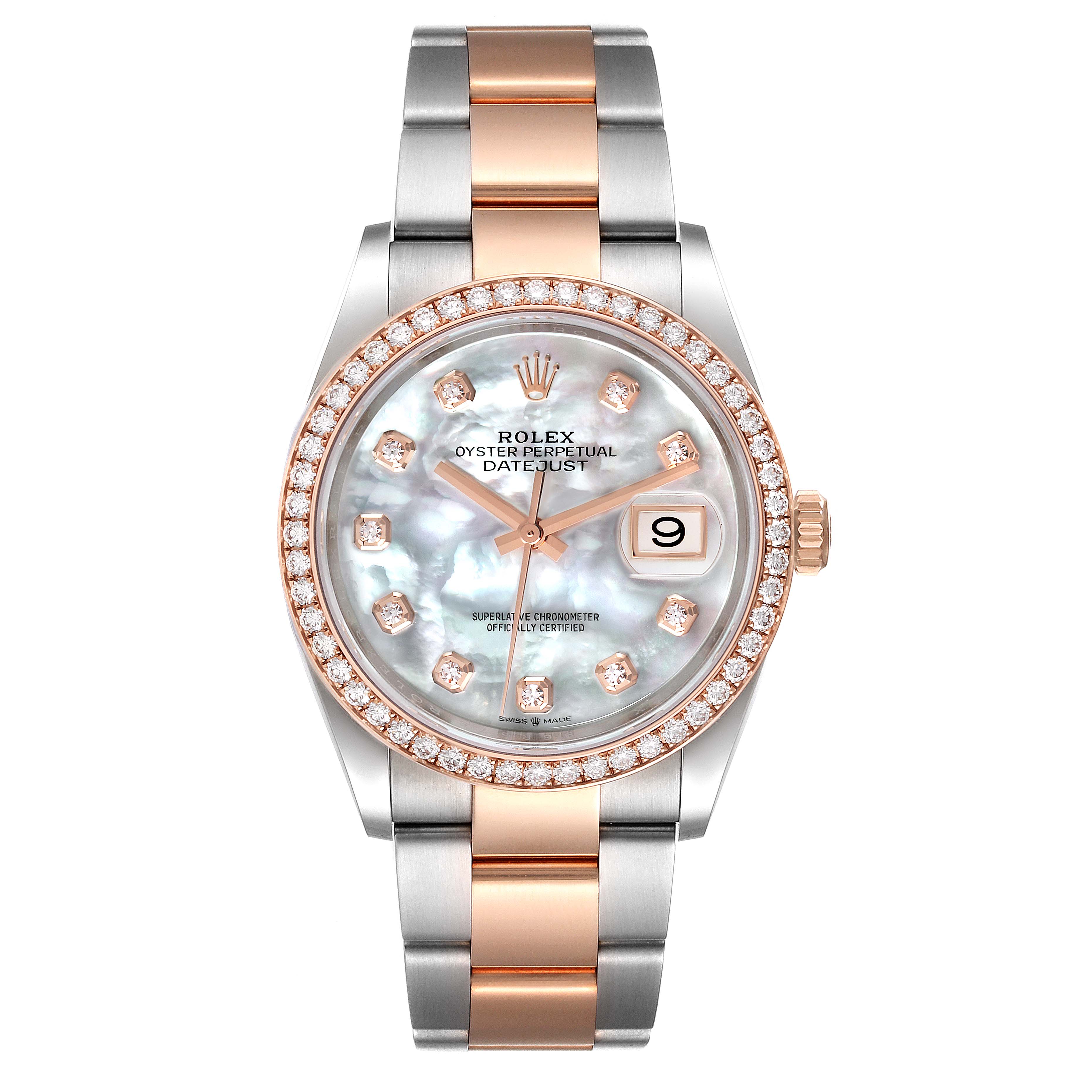 This image shows a Rolex Datejust 126281 Men's Steel and Gold (two tone) Mother of Pearl Dial 126281 Men's Steel and Gold (two tone) Mother of Pearl Dial watch from a front angle, highlighting its dial, bracelet, bezel, and crown.