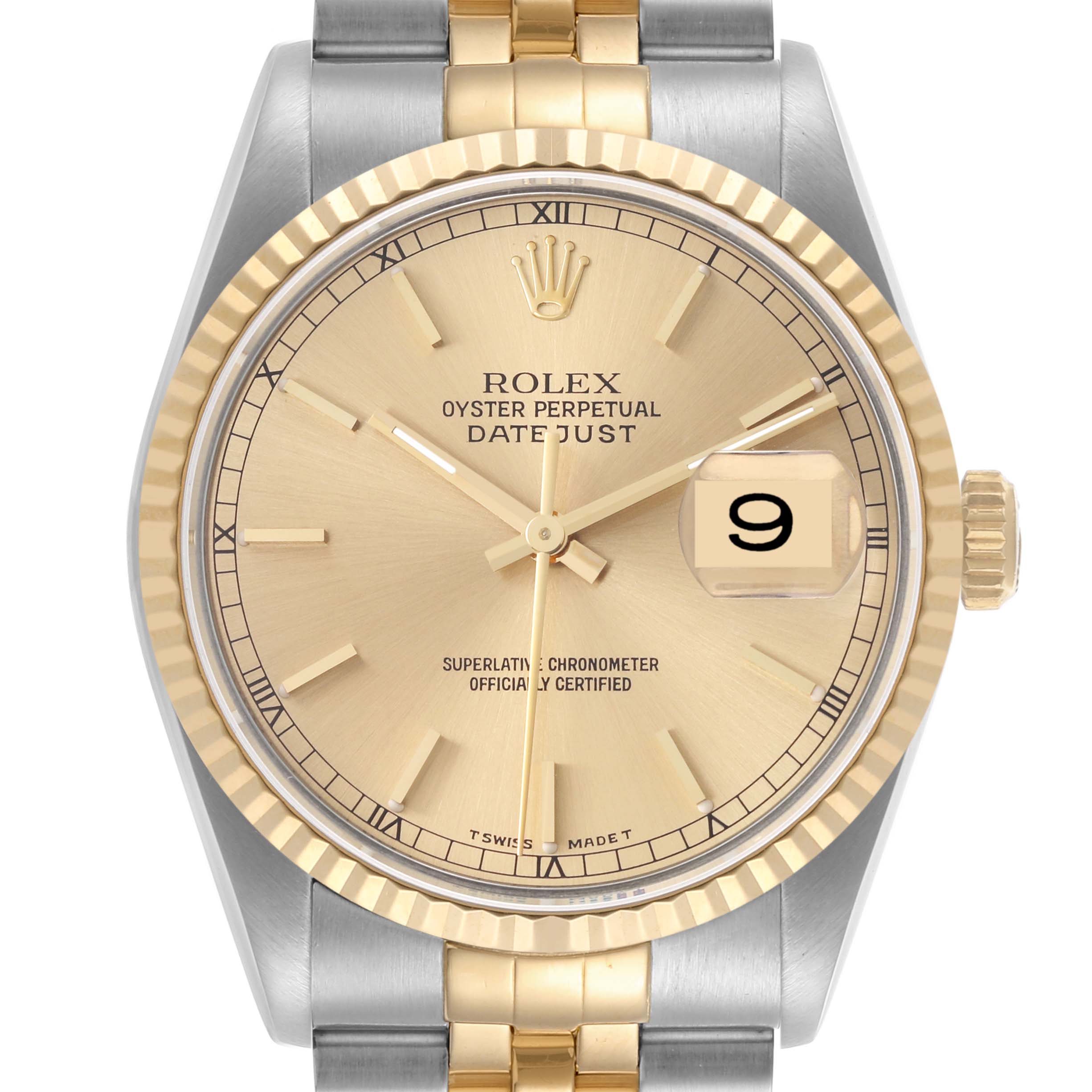 The Rolex Datejust 16233 Men's Steel and Gold (two tone) Champagne Dial 16233 Men's Steel and Gold (two tone) Champagne Dial watch is shown from a straight-on view, highlighting the dial, bezel, and part of the bracelet.