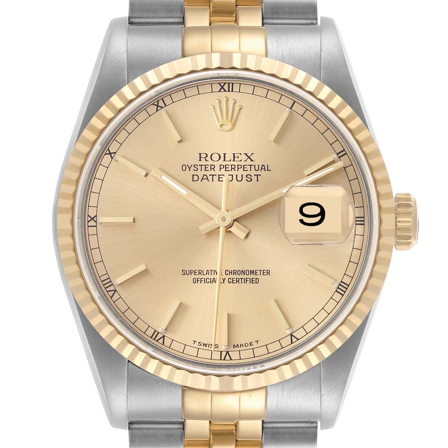 The Rolex Datejust watch is shown from a straight-on view, highlighting the dial, bezel, and part of the bracelet.