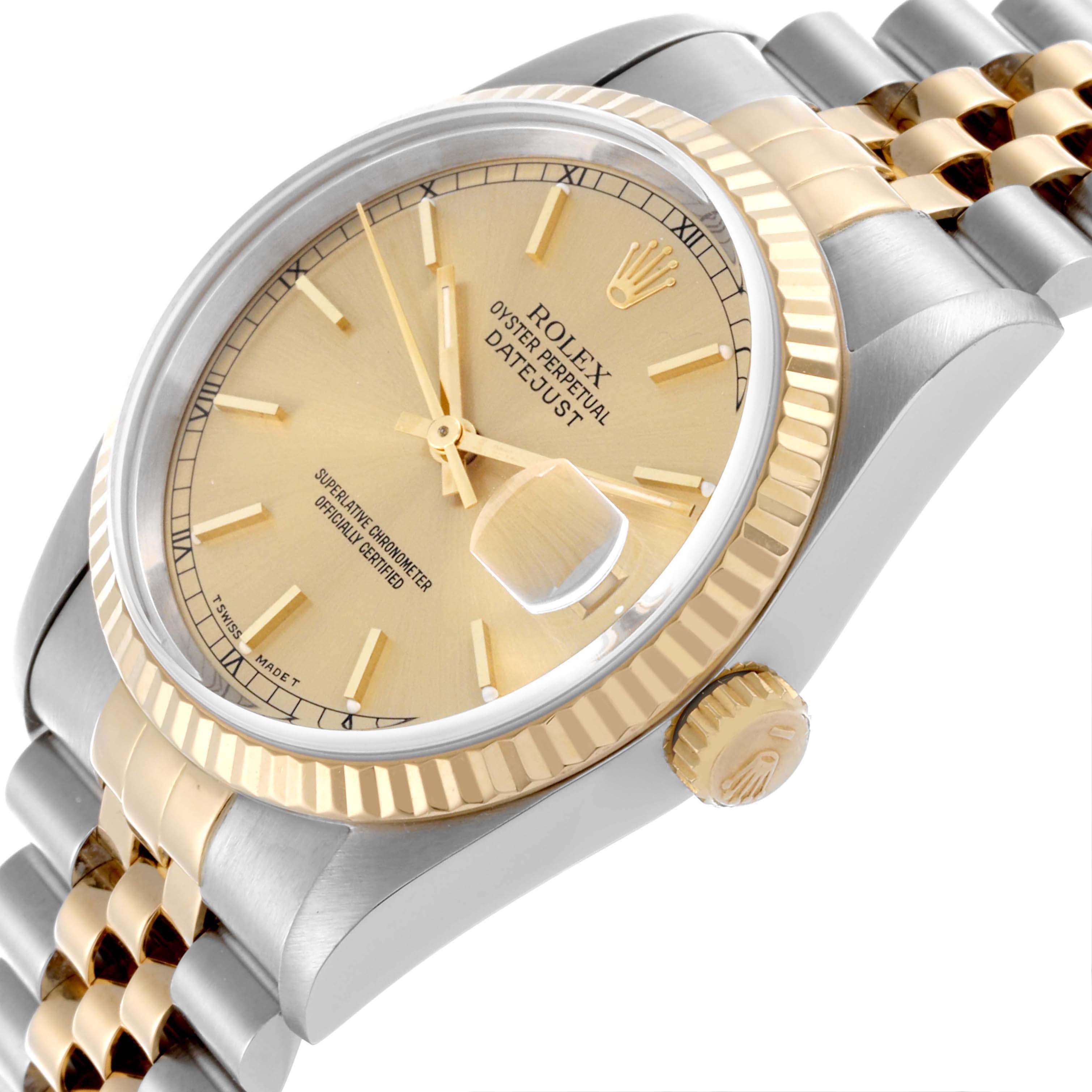 The Rolex Datejust 16233 Men's Steel and Gold (two tone) Champagne Dial 16233 Men's Steel and Gold (two tone) Champagne Dial watch is shown at a side angle, highlighting the bezel, dial, crown, and part of the bracelet.