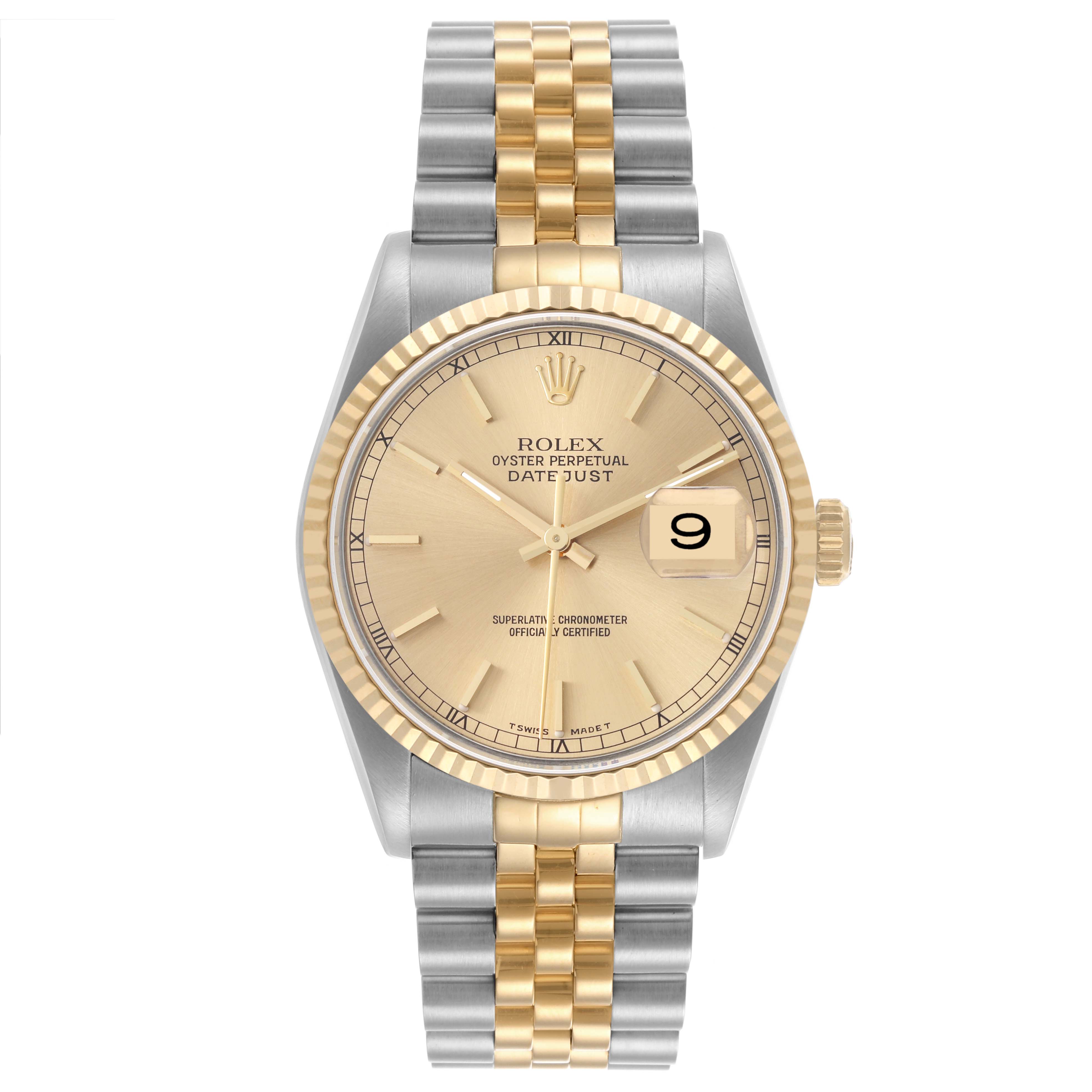 The Rolex Datejust 16233 Men's Steel and Gold (two tone) Champagne Dial 16233 Men's Steel and Gold (two tone) Champagne Dial is shown from a front view, highlighting its gold and silver Jubilee bracelet and fluted bezel.