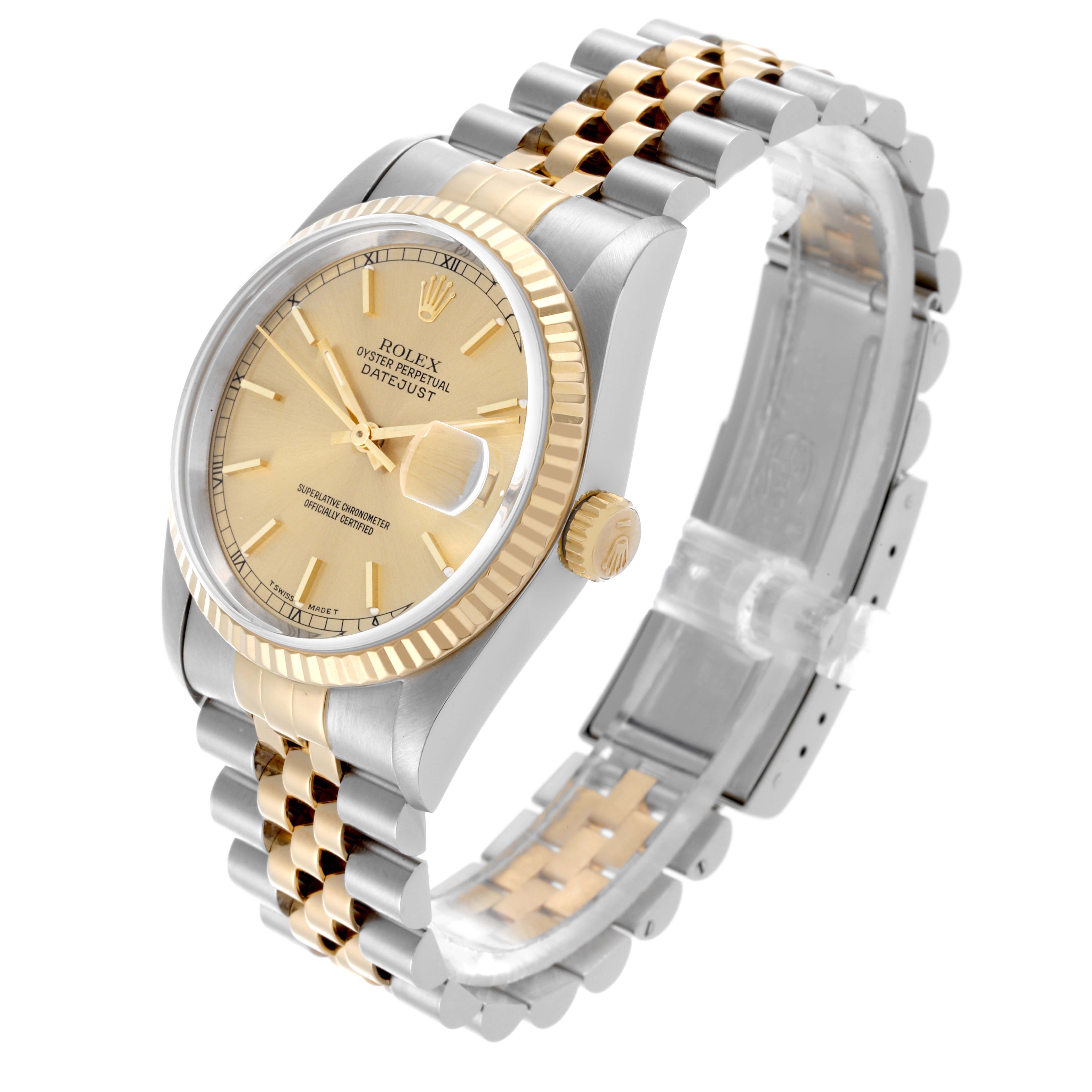 The Rolex Datejust 16233 Men's Steel and Gold (two tone) Champagne Dial 16233 Men's Steel and Gold (two tone) Champagne Dial watch is shown at a three-quarter angle, displaying the dial, bezel, crown, and two-tone bracelet.