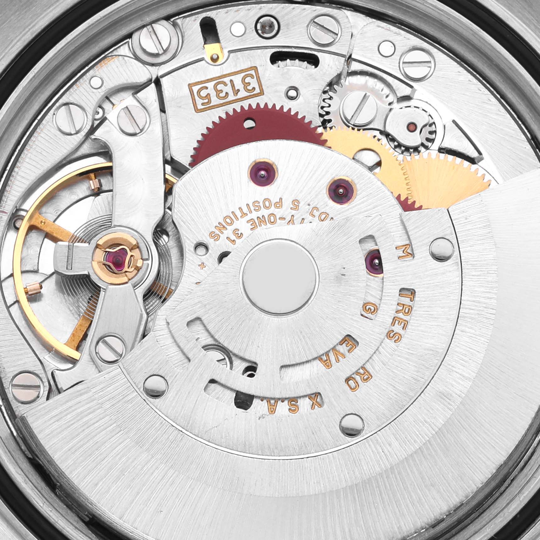 The image shows a close-up of the internal movement of a Rolex Datejust 16233 Men's Steel and Gold (two tone) Champagne Dial 16233 Men's Steel and Gold (two tone) Champagne Dial, highlighting gears and components.