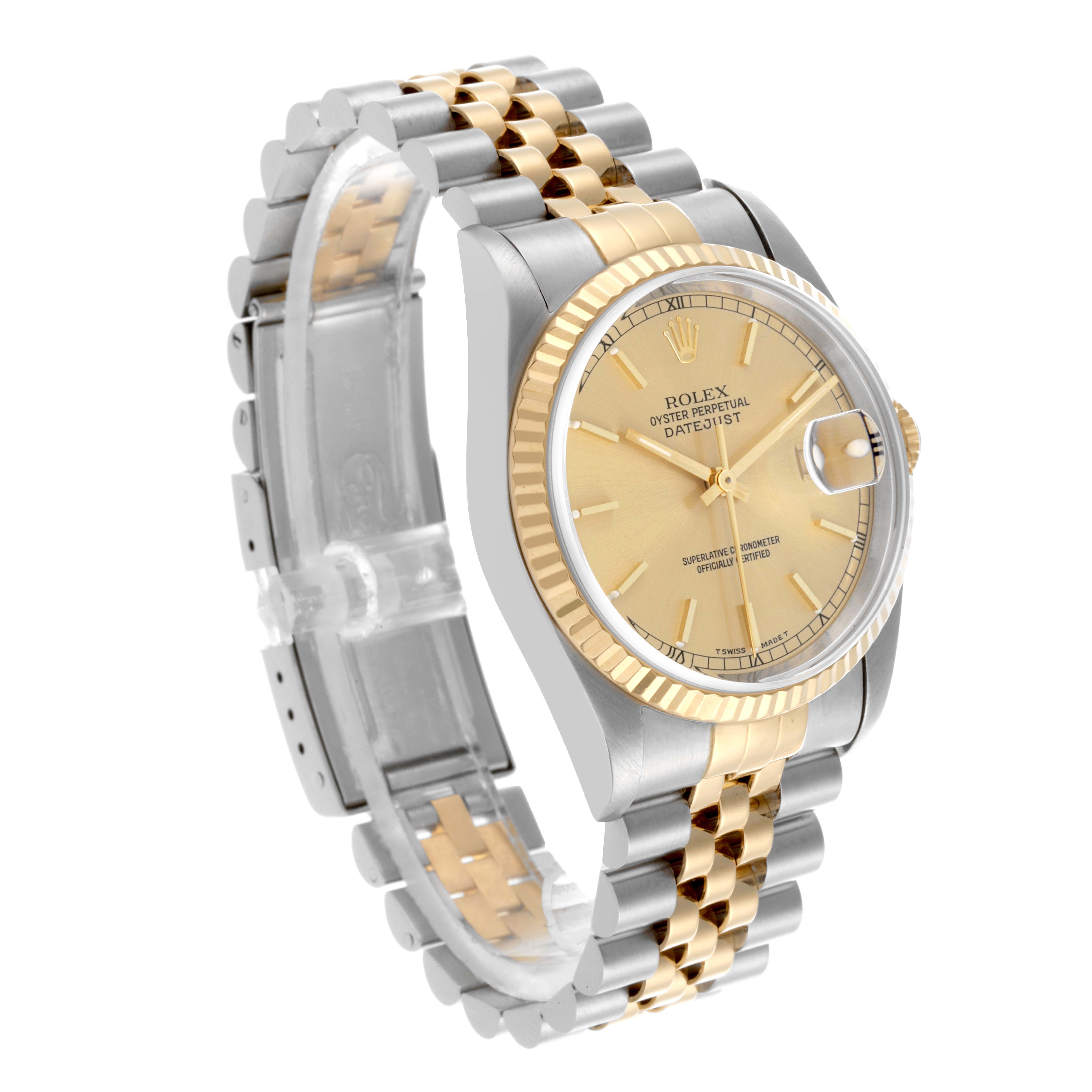 The Rolex Datejust 16233 Men's Steel and Gold (two tone) Champagne Dial 16233 Men's Steel and Gold (two tone) Champagne Dial watch is shown at a three-quarter angle, displaying the face, fluted bezel, and two-tone bracelet.