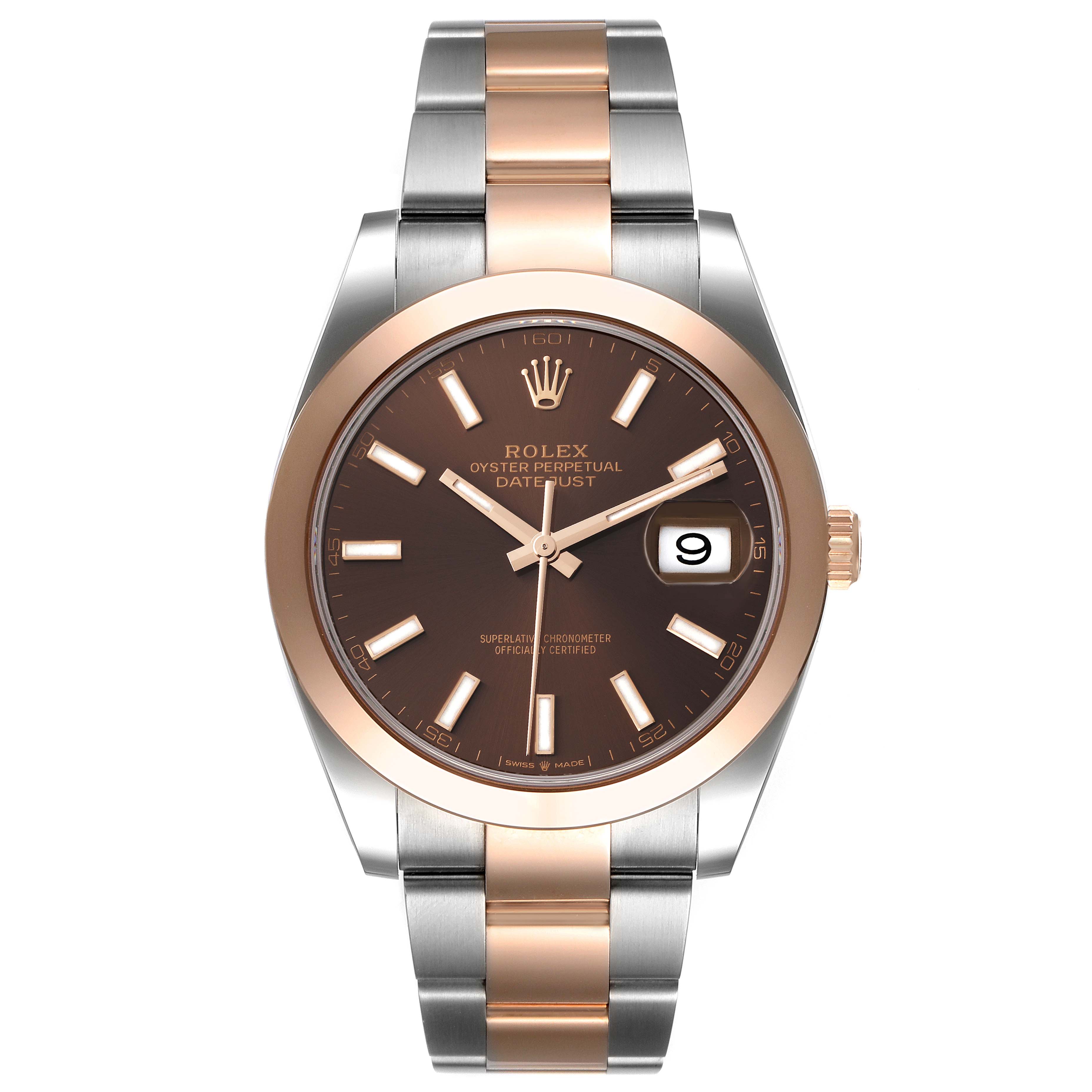 The image shows a Rolex Datejust 41 126301 Men
s Steel and Gold (two tone) Brown Dial 126301 Men
s Steel and Gold (two tone) Brown Dial watch from the front, featuring a two-tone bracelet and a chocolate dial with a date window.