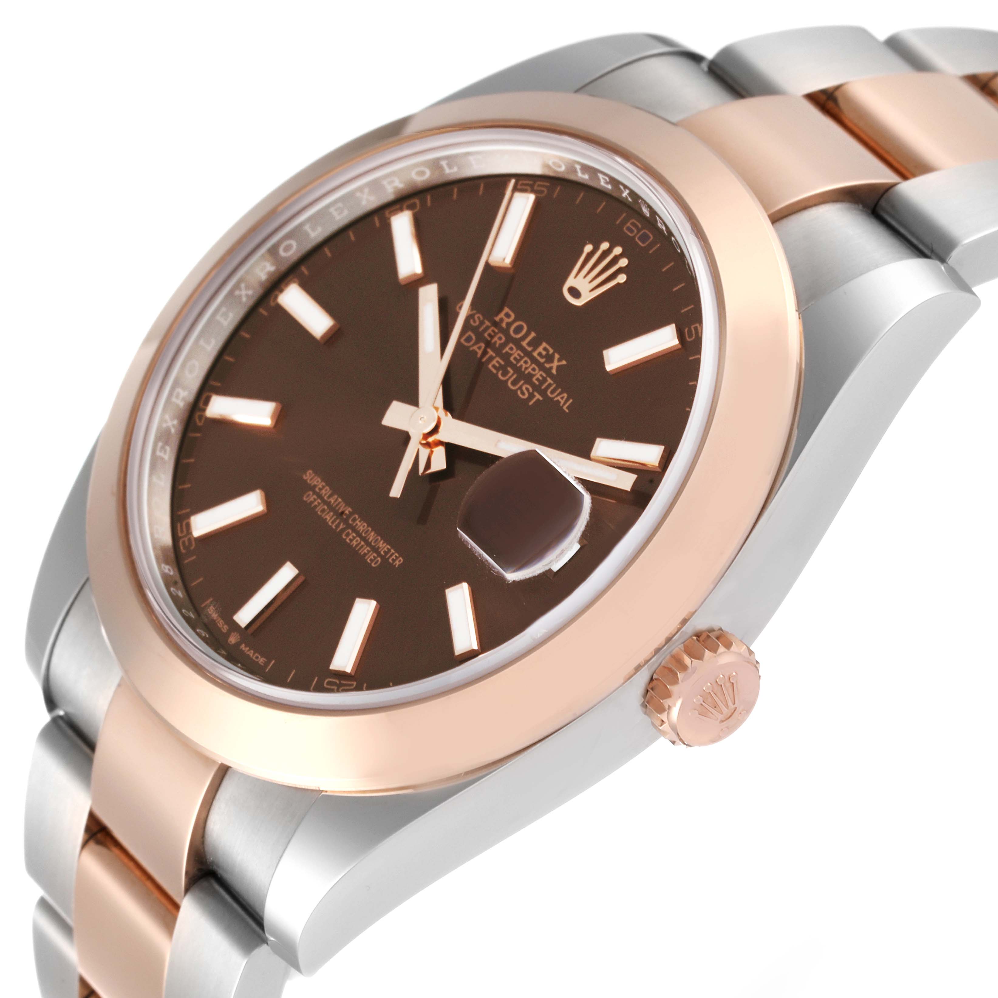 This image shows a close-up angle of a Rolex Datejust 41 126301 Men
s Steel and Gold (two tone) Brown Dial 126301 Men
s Steel and Gold (two tone) Brown Dial, highlighting its dial, bezel, crown, and part of the bracelet.
