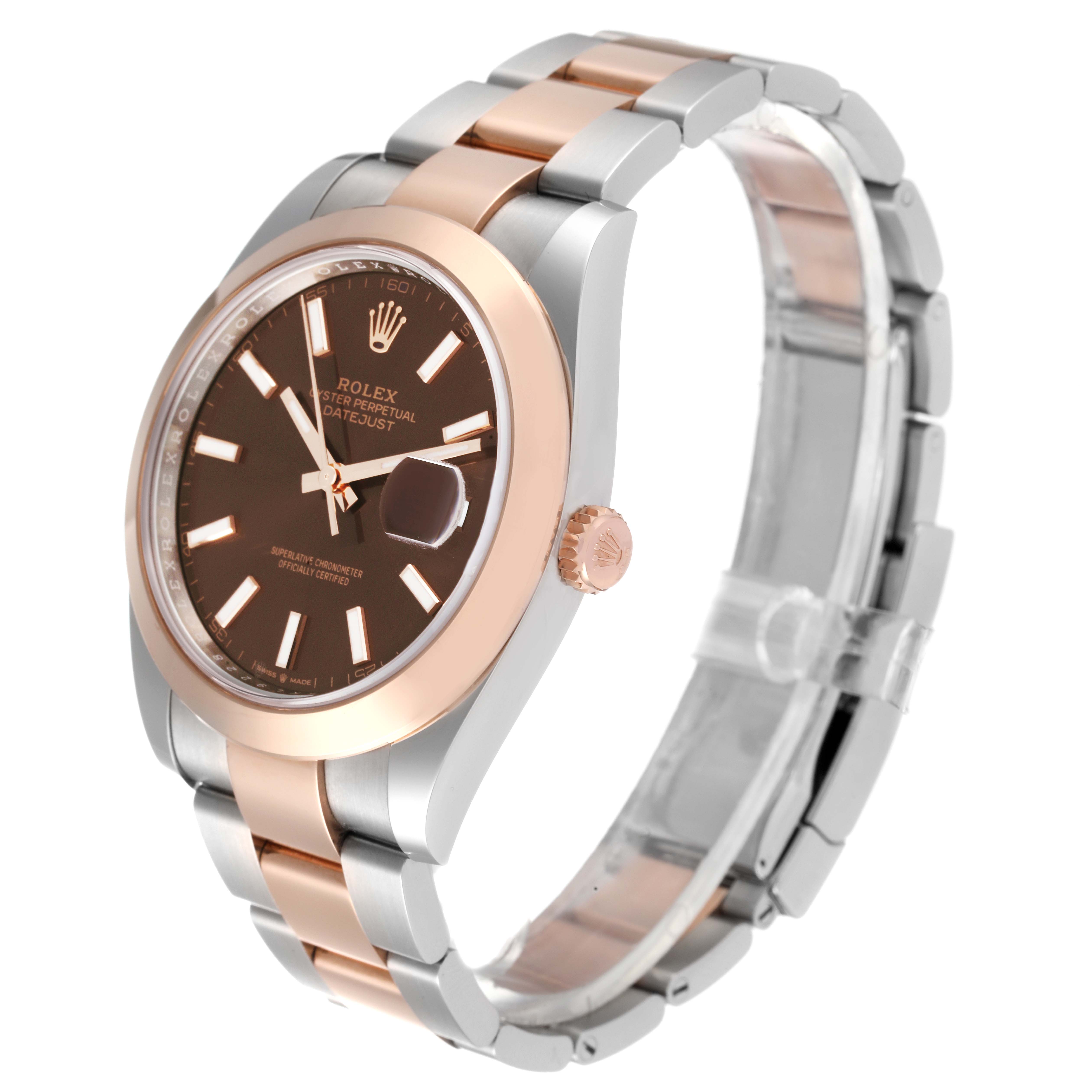 The image shows a side view of the Rolex Datejust 41 126301 Men
s Steel and Gold (two tone) Brown Dial 126301 Men
s Steel and Gold (two tone) Brown Dial watch, showcasing the dial, bezel, crown, and bracelet.