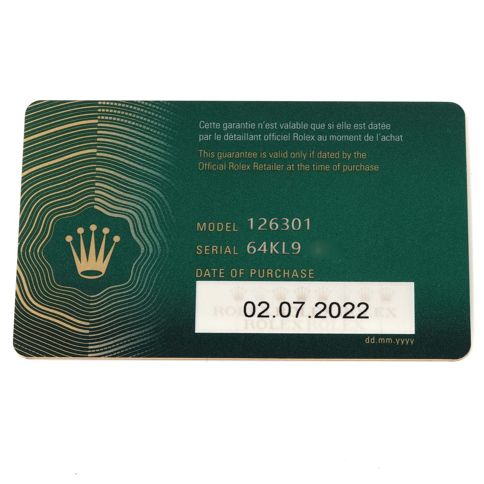 This image shows a purchase guarantee card for the Rolex Datejust 41 126301 Men
s Steel and Gold (two tone) Brown Dial 126301 Men
s Steel and Gold (two tone) Brown Dial model with the purchase date of 02.07.2022.