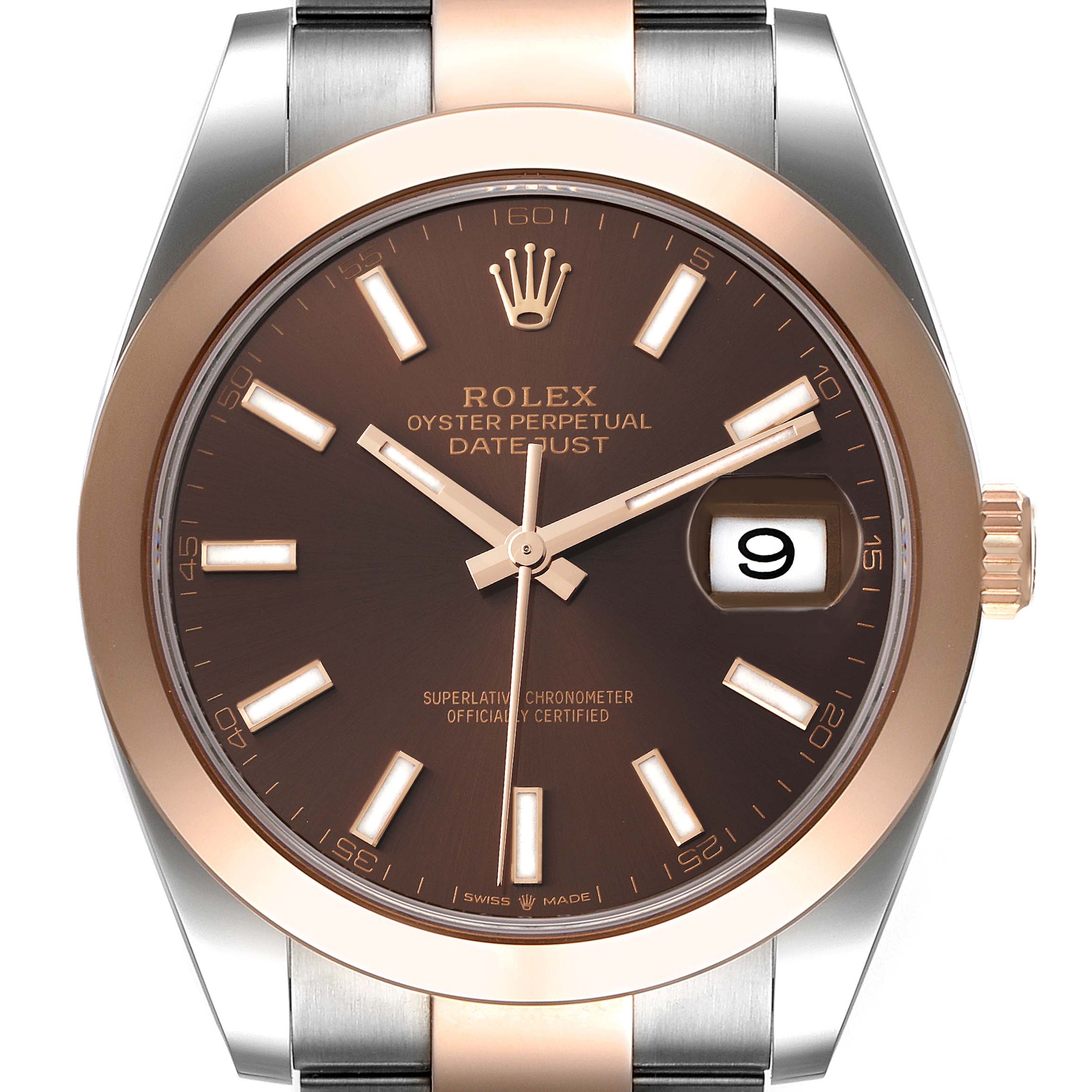 The Rolex Datejust 41 126301 Men
s Steel and Gold (two tone) Brown Dial 126301 Men
s Steel and Gold (two tone) Brown Dial watch is shown from the front, highlighting its dial, bezel, crown, and part of its two-tone bracelet.