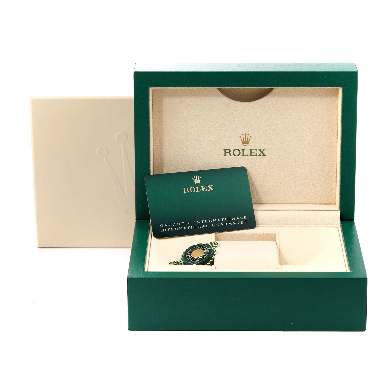 The image shows an open Rolex Datejust 41 126301 Men
s Steel and Gold (two tone) Brown Dial 126301 Men
s Steel and Gold (two tone) Brown Dial box with the international guarantee card and tag inside.