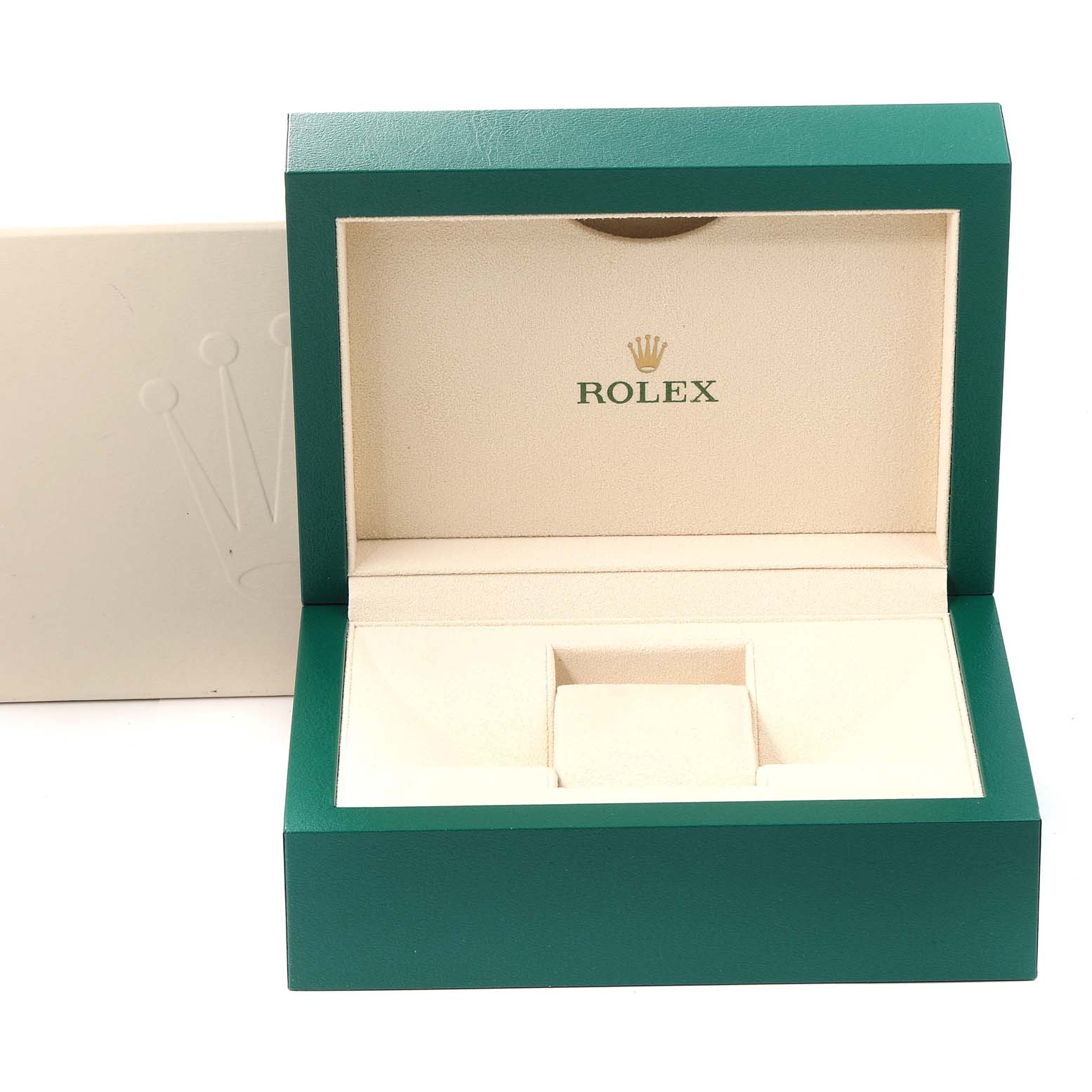 This image shows an empty Rolex Datejust 41 126334 Men
s Stainless Steel Black Dial 126334 Men
s Stainless Steel Black Dial watch box, open with the interior visible.