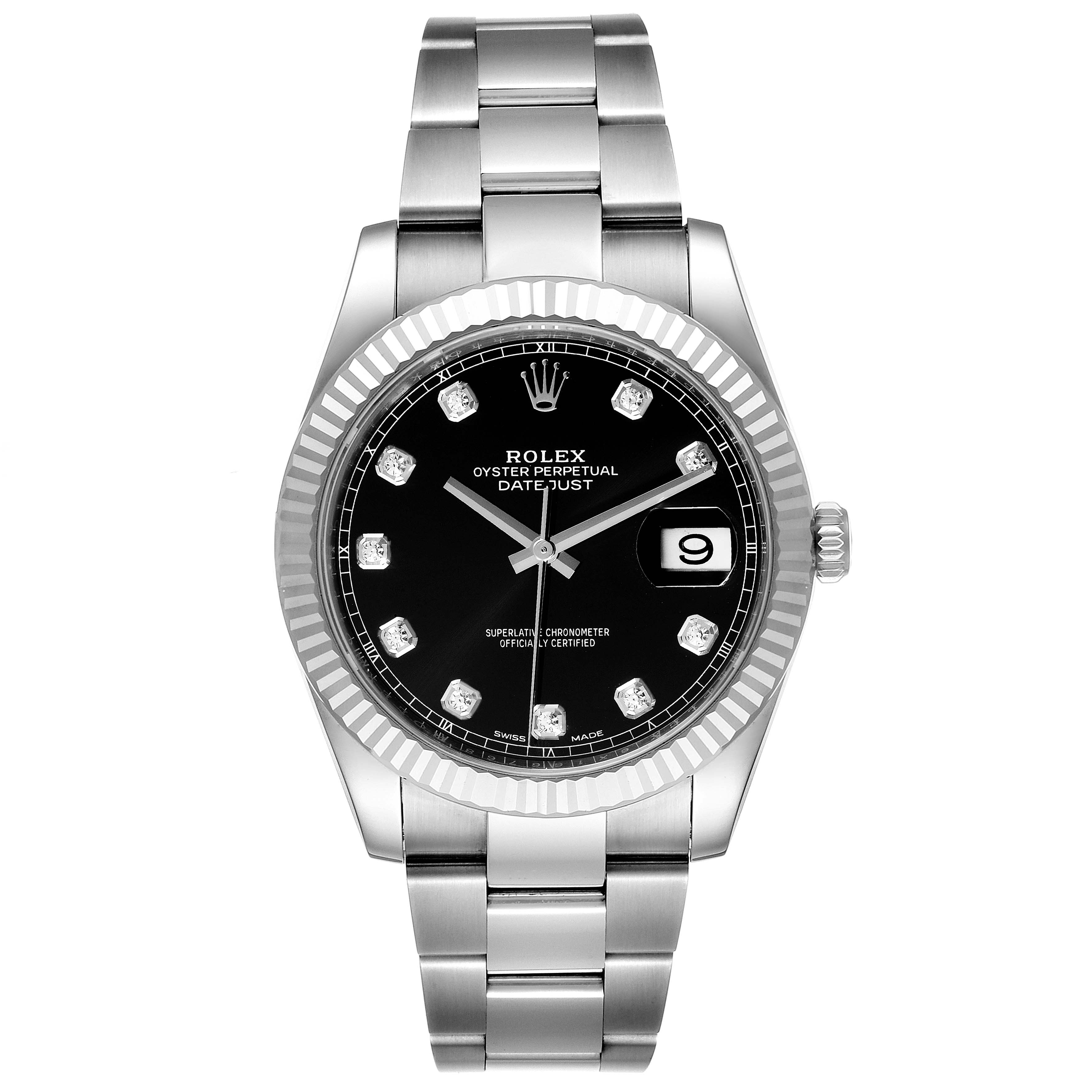 The image shows a front view of the Rolex Datejust 41 126334 Men
s Stainless Steel Black Dial 126334 Men
s Stainless Steel Black Dial, highlighting its black dial, fluted bezel, and stainless steel bracelet.