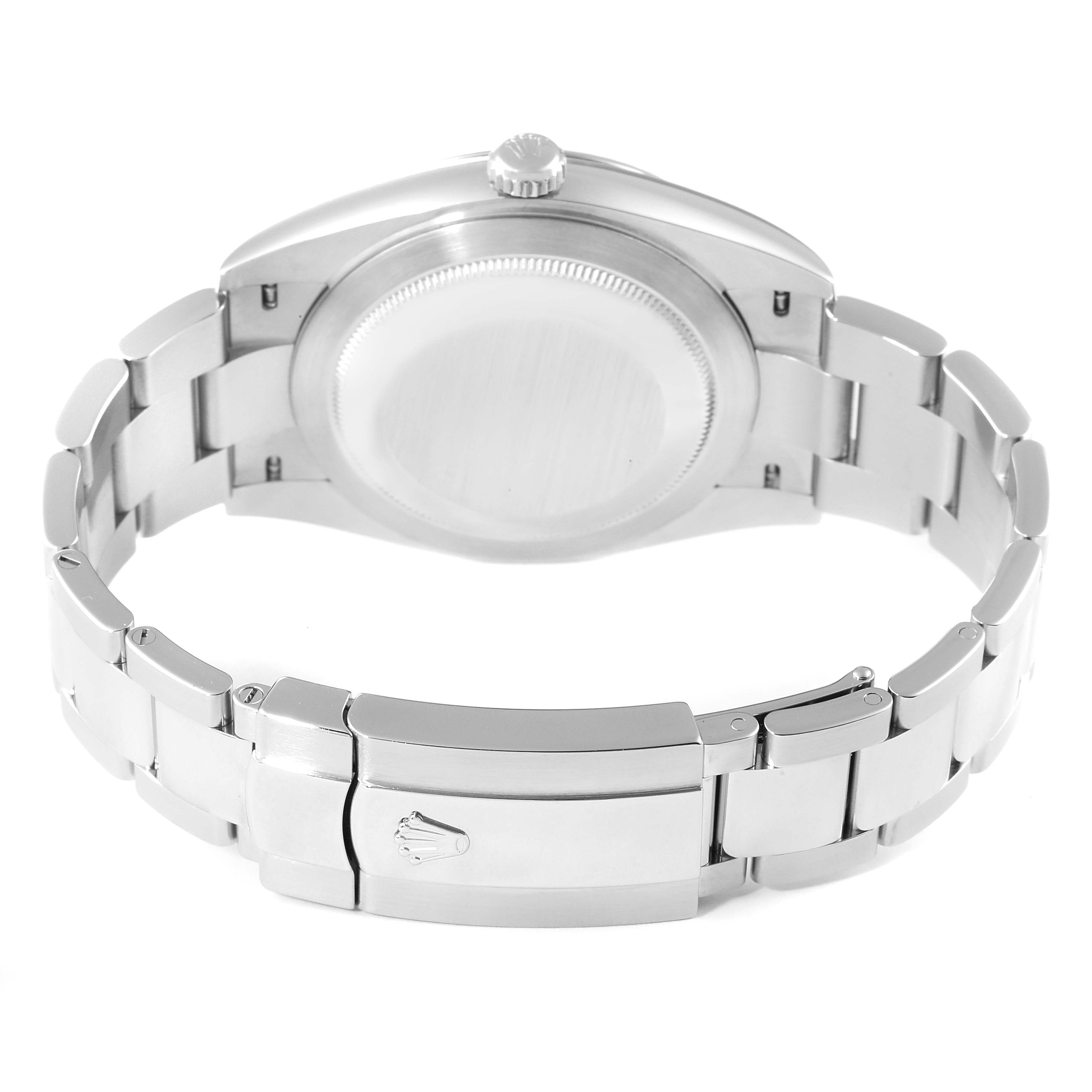 This image shows the back view of a Rolex Datejust 41 126334 Men
s Stainless Steel Black Dial 126334 Men
s Stainless Steel Black Dial watch, highlighting the case back and metal bracelet with the clasp.