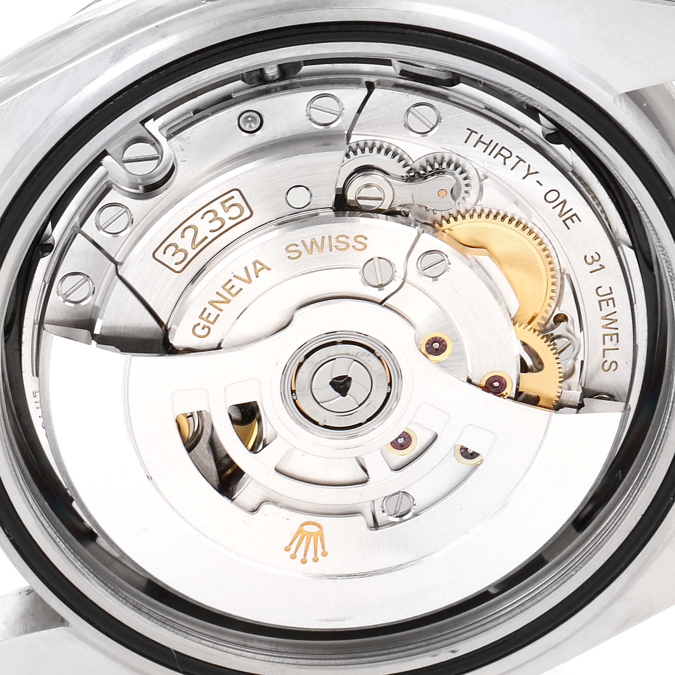 This image shows the movement and mechanism of a Rolex Datejust 41 126334 Men
s Stainless Steel Black Dial 126334 Men
s Stainless Steel Black Dial model from a rear, transparent caseback angle.