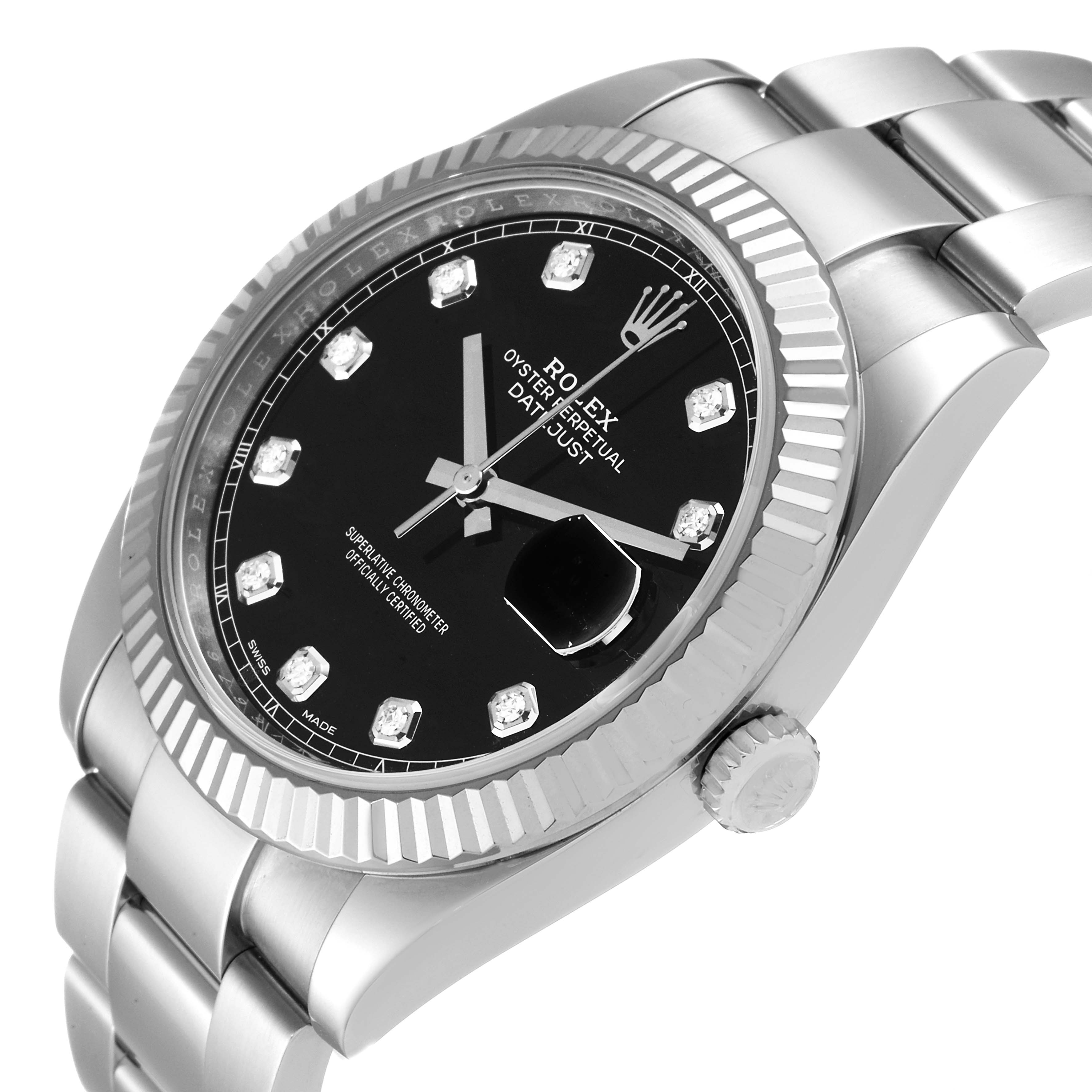 The Rolex Datejust 41 126334 Men
s Stainless Steel Black Dial 126334 Men
s Stainless Steel Black Dial is shown at a 3/4 angle, displaying the dial, bezel, bracelet, and part of the crown.