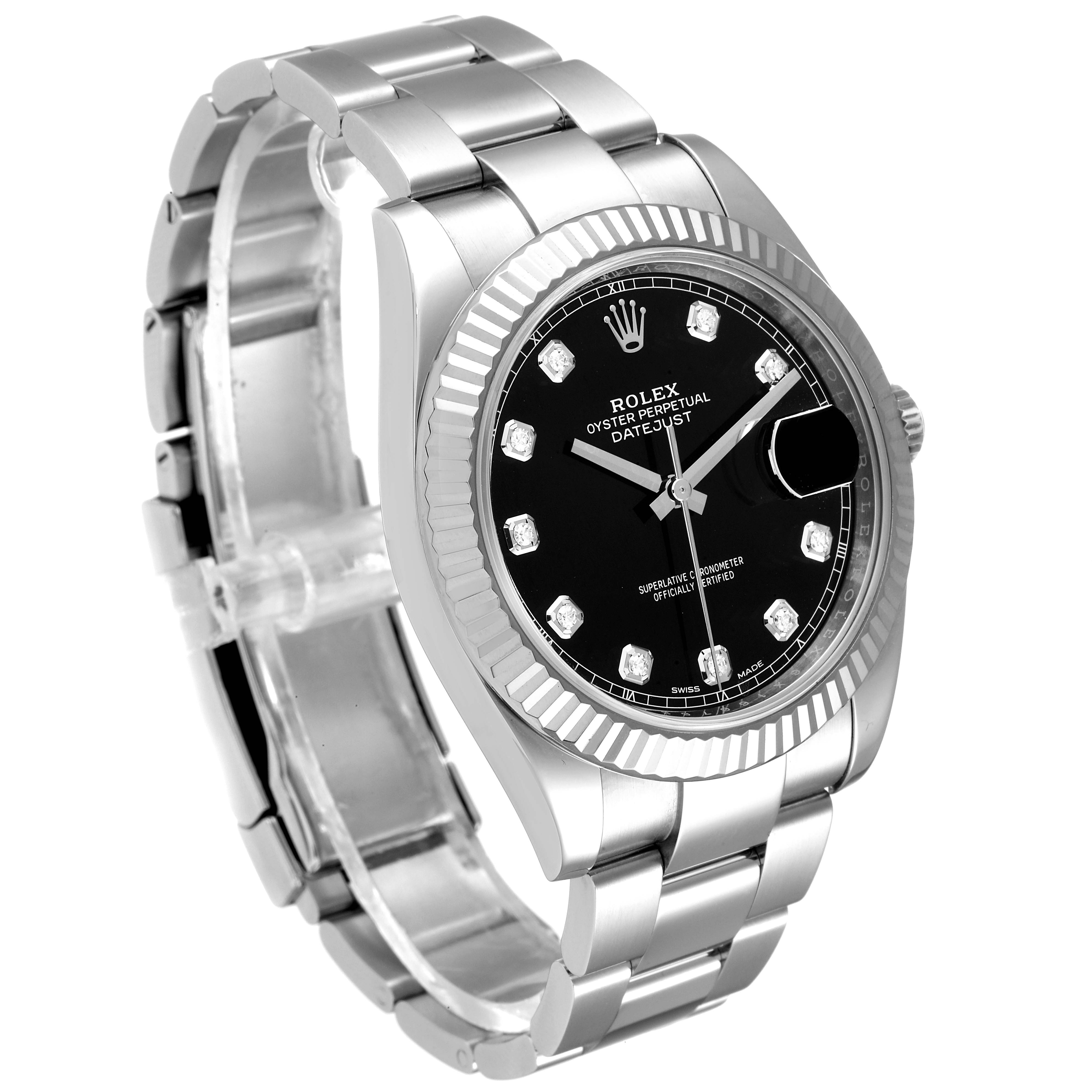 This image shows a Rolex Datejust 41 126334 Men
s Stainless Steel Black Dial 126334 Men
s Stainless Steel Black Dial watch at a three-quarter angle highlighting the black dial, fluted bezel, and Oyster bracelet.