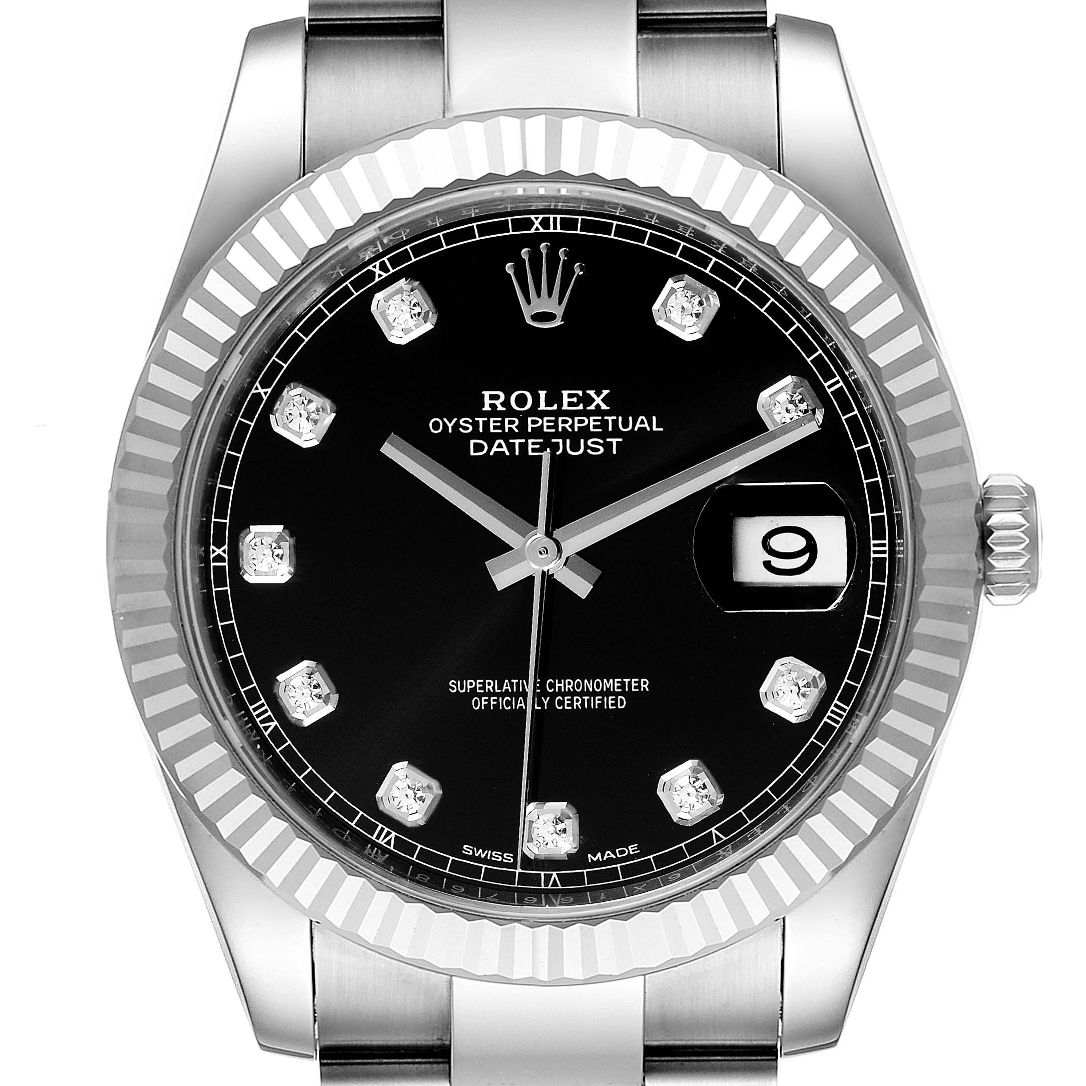 The image shows a front view of the Rolex Datejust 41 126334 Men
s Stainless Steel Black Dial 126334 Men
s Stainless Steel Black Dial, highlighting its black dial, diamond hour markers, and fluted bezel.