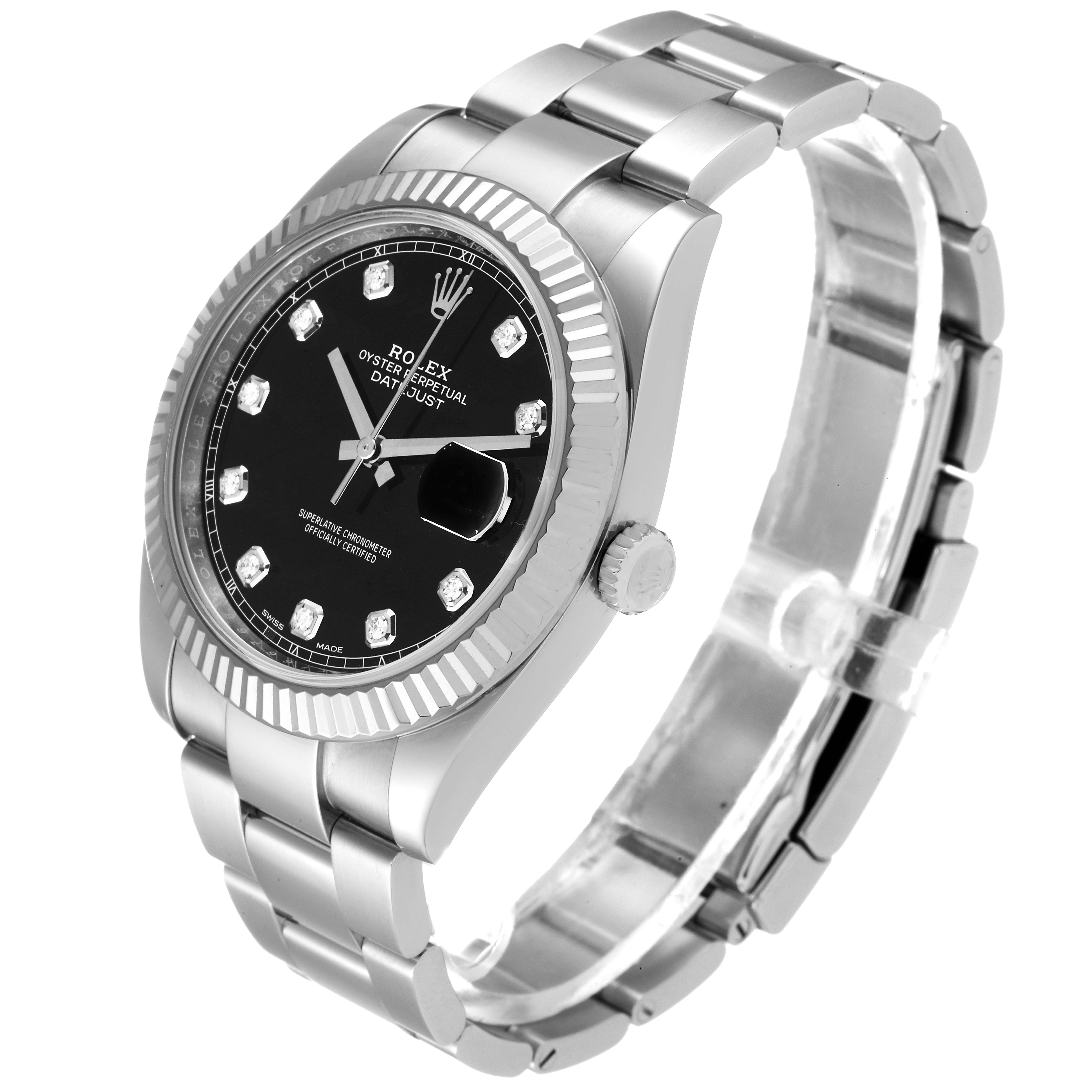 This image shows a Rolex Datejust 41 126334 Men
s Stainless Steel Black Dial 126334 Men
s Stainless Steel Black Dial watch at a three-quarter angle highlighting its black dial, fluted bezel, and Oyster bracelet.