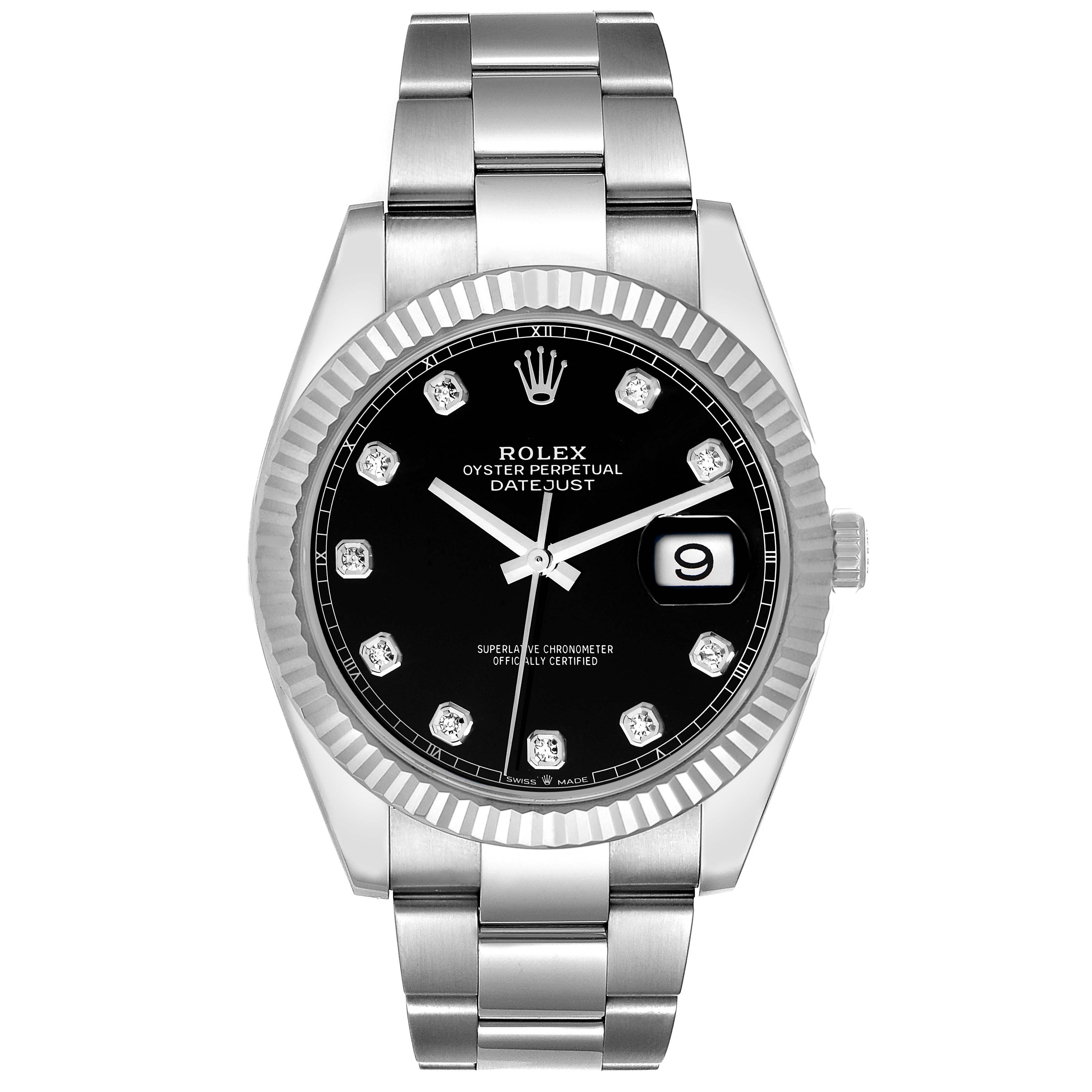 This image shows a front view of the Rolex Datejust 41 126334 Men
s Stainless Steel Black Dial 126334 Men
s Stainless Steel Black Dial watch, highlighting its black dial, date window, and stainless steel bracelet.