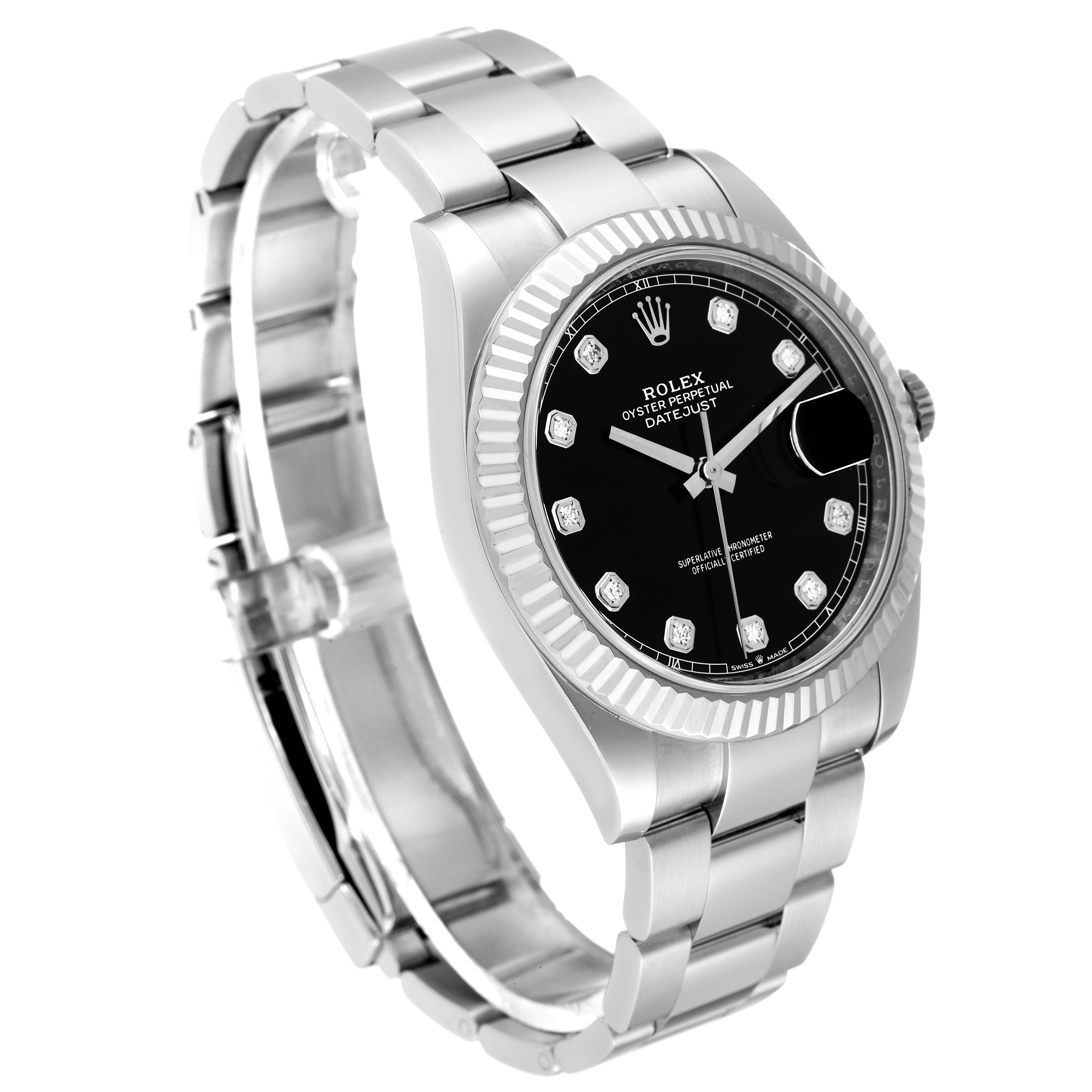 The image shows a Rolex Datejust 41 126334 Men
s Stainless Steel Black Dial 126334 Men
s Stainless Steel Black Dial watch at a slight angle, highlighting its bracelet, bezel, and dial.