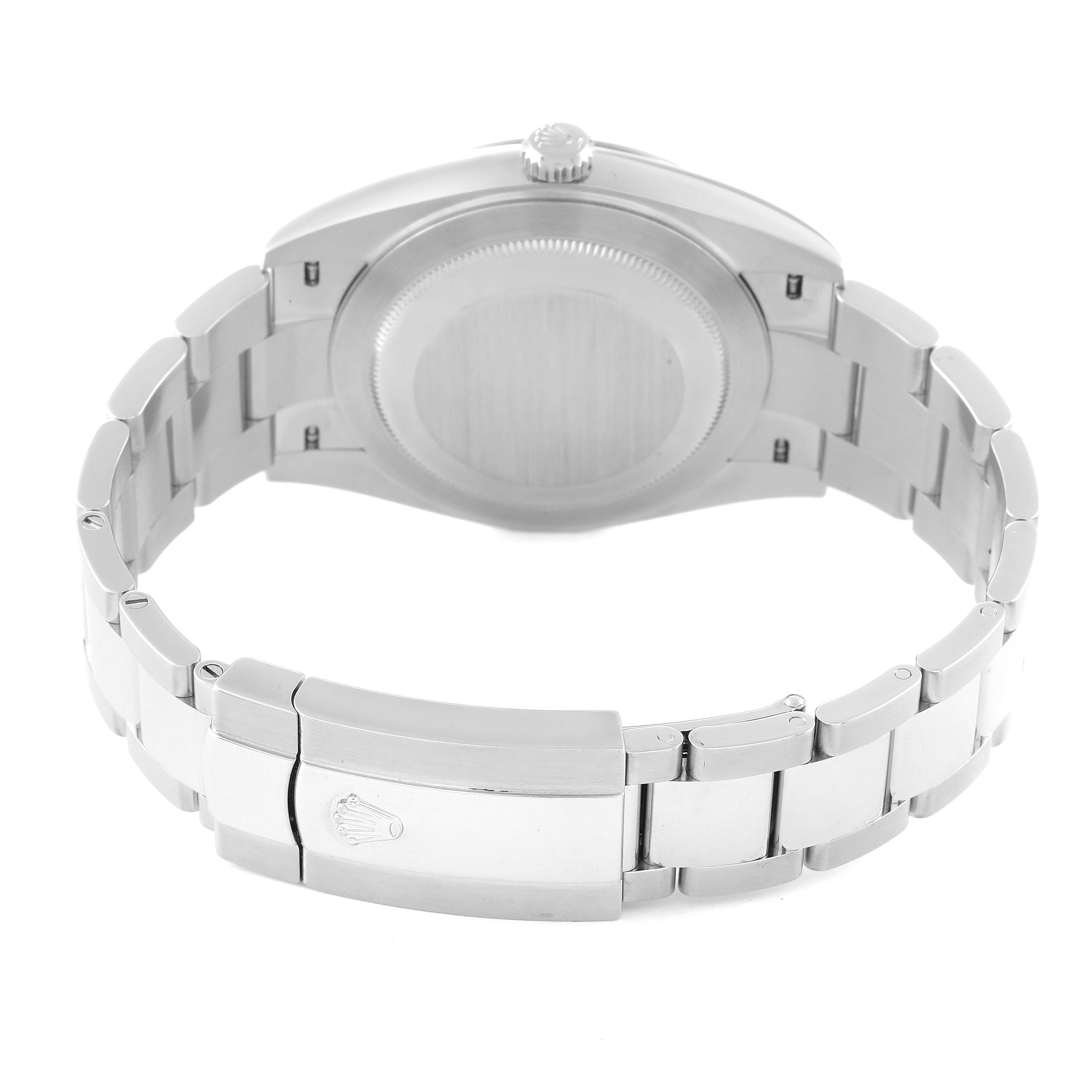 This image shows the back view of a Rolex Datejust 41 126334 Men
s Stainless Steel Black Dial 126334 Men
s Stainless Steel Black Dial watch, highlighting the case back and the clasp of the bracelet.