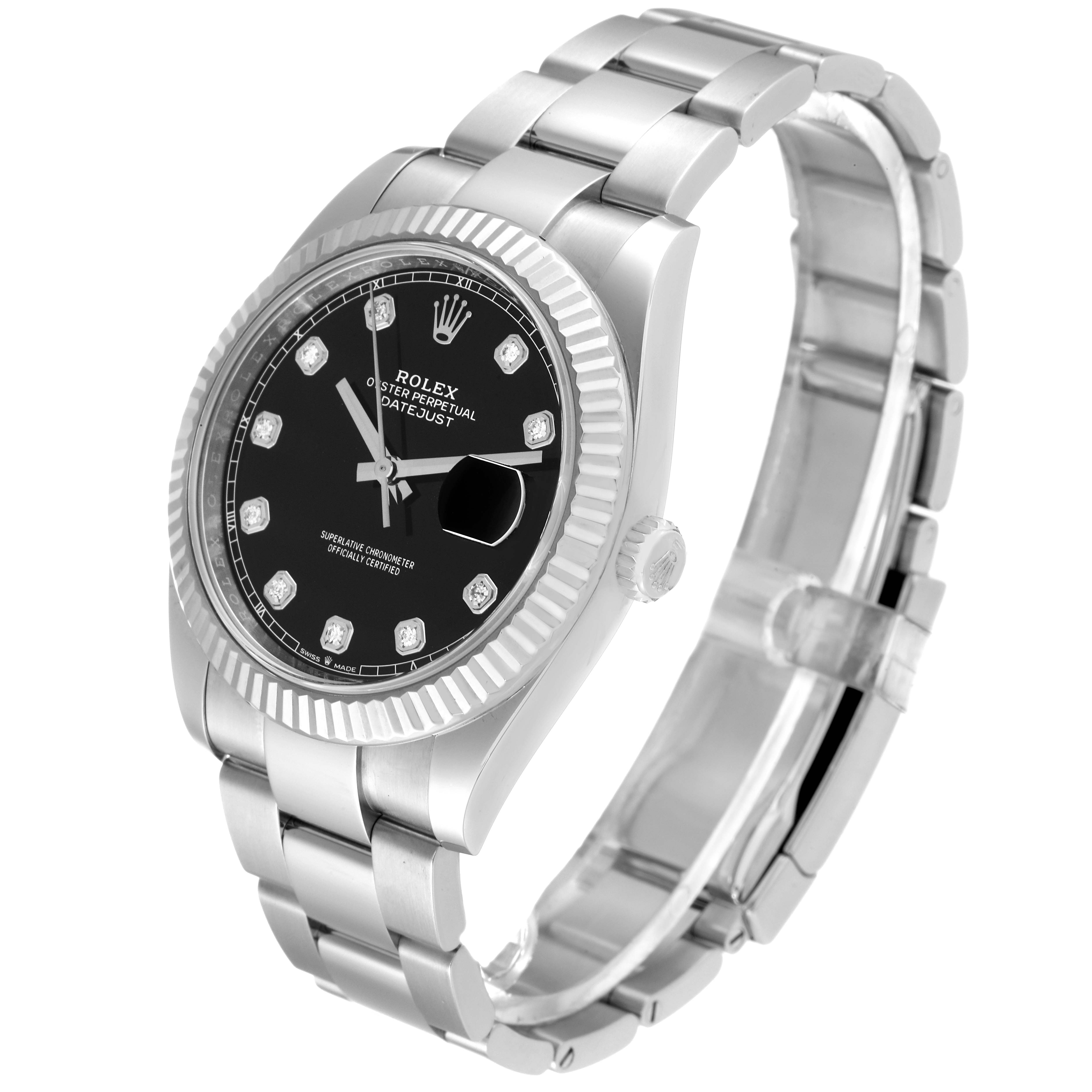 The image shows a Rolex Datejust 41 126334 Men
s Stainless Steel Black Dial 126334 Men
s Stainless Steel Black Dial model watch at a side angle, highlighting its bracelet, fluted bezel, crown, and black dial.