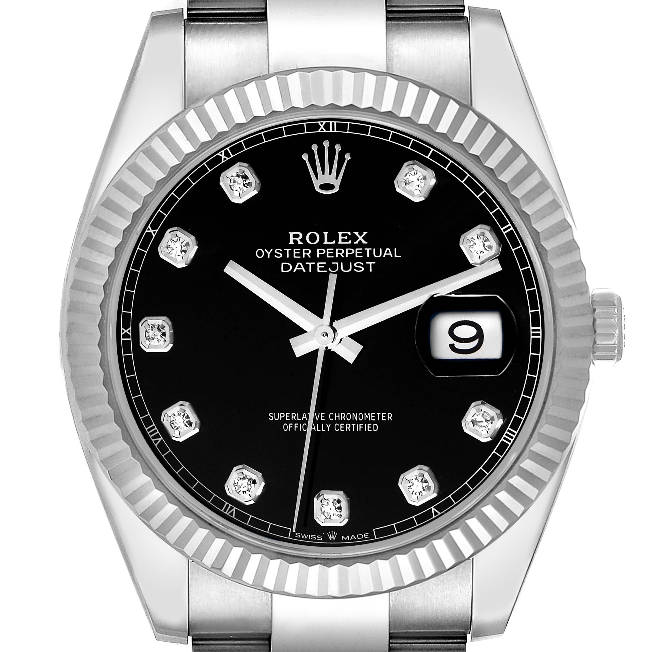 This image shows a top view of the Rolex Datejust 41 126334 Men
s Stainless Steel Black Dial 126334 Men
s Stainless Steel Black Dial watch, highlighting its dial, bezel, hands, and date window.
