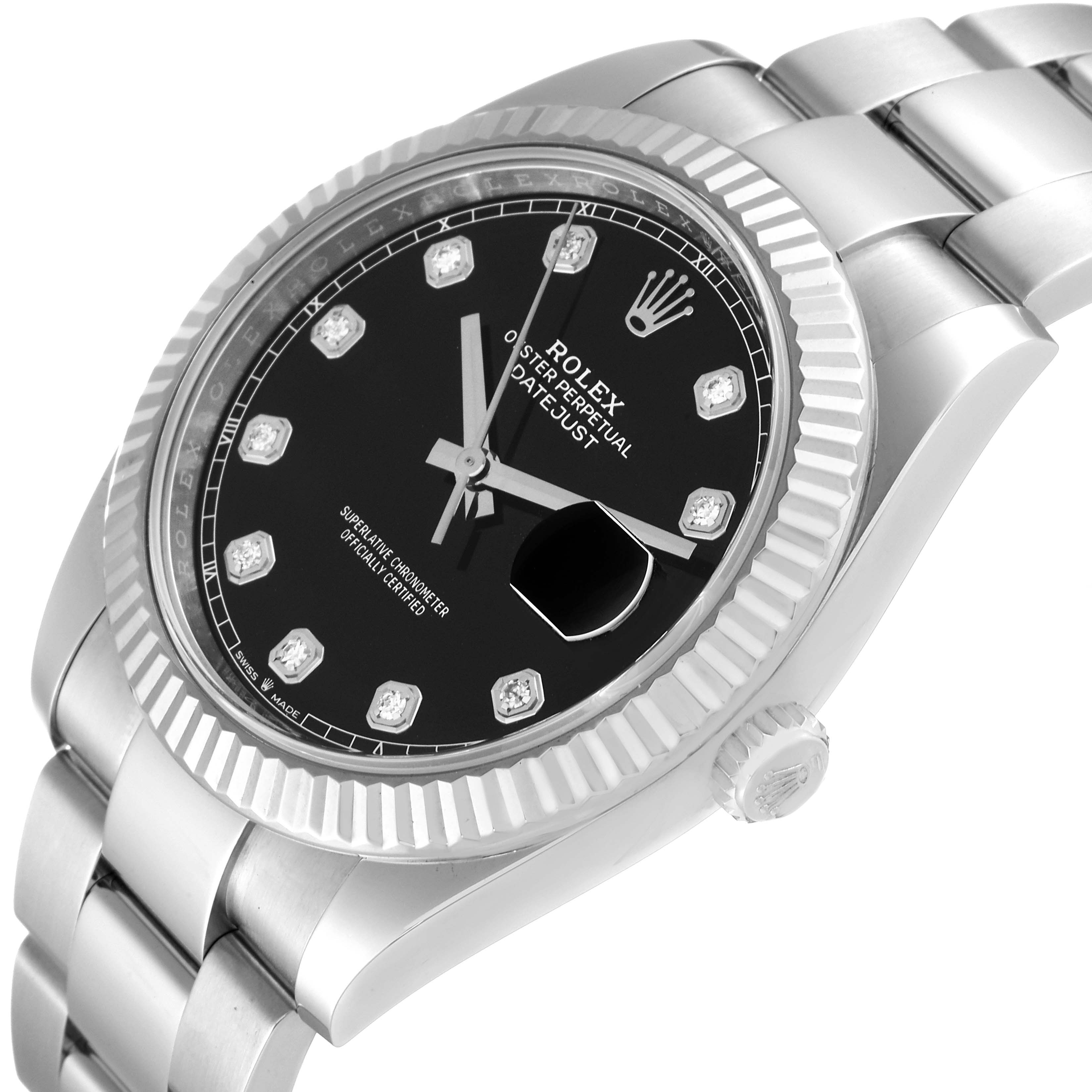 The Rolex Datejust 41 126334 Men
s Stainless Steel Black Dial 126334 Men
s Stainless Steel Black Dial is shown at an angle, featuring its black dial, bezel, crown, and part of its bracelet.