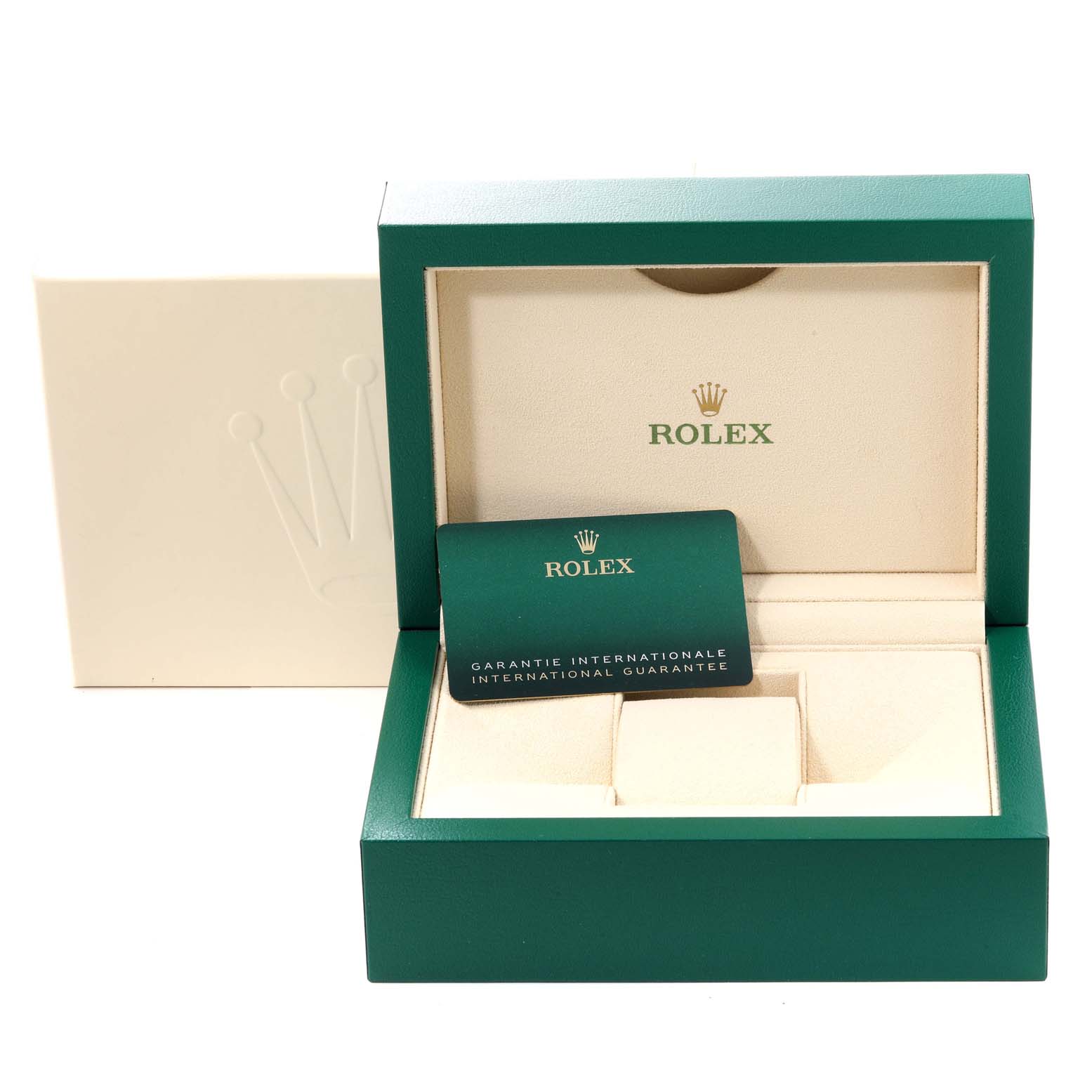 This image shows the open packaging box and international guarantee card for the Rolex Datejust 41 126334 Men
s Stainless Steel Black Dial 126334 Men
s Stainless Steel Black Dial model.