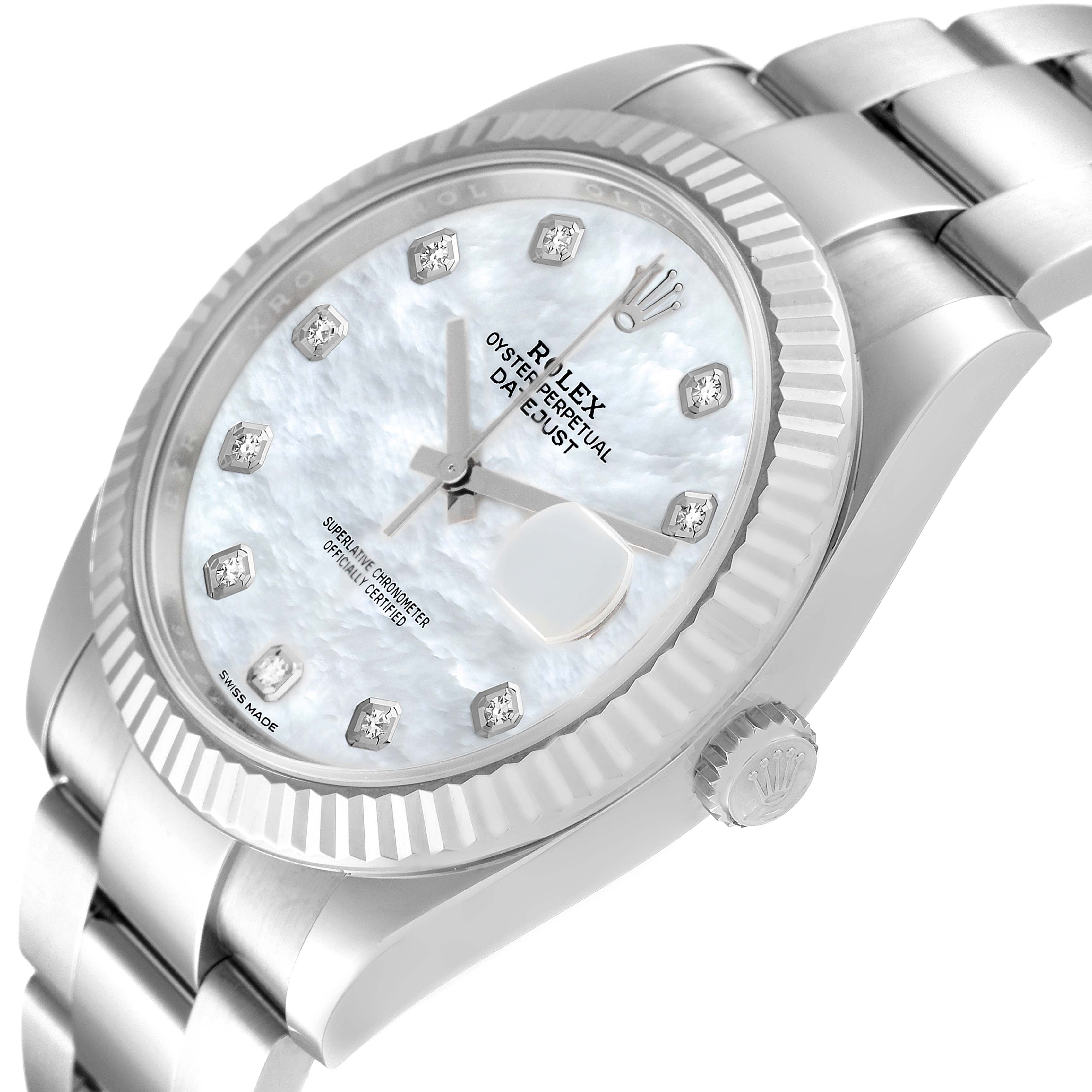 The image shows a side angle of the Rolex Datejust 41 126334 Men's Stainless Steel Mother of Pearl Dial 126334 Men's Stainless Steel Mother of Pearl Dial model, highlighting the dial, bezel, crown, and bracelet.