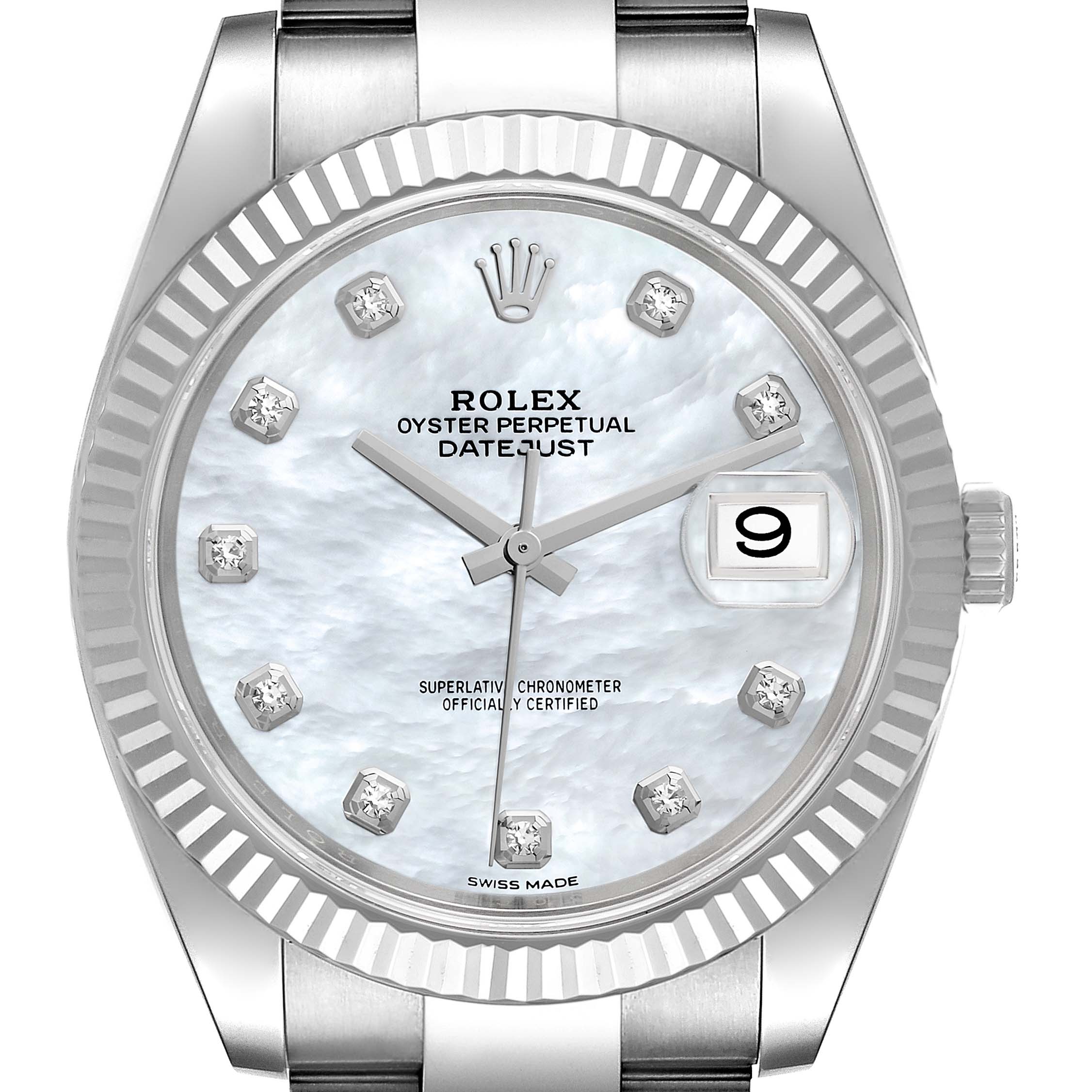 The image shows a frontal view of the Rolex Datejust 41 126334 Men's Stainless Steel Mother of Pearl Dial 126334 Men's Stainless Steel Mother of Pearl Dial, showcasing its dial, bezel, and part of the bracelet.