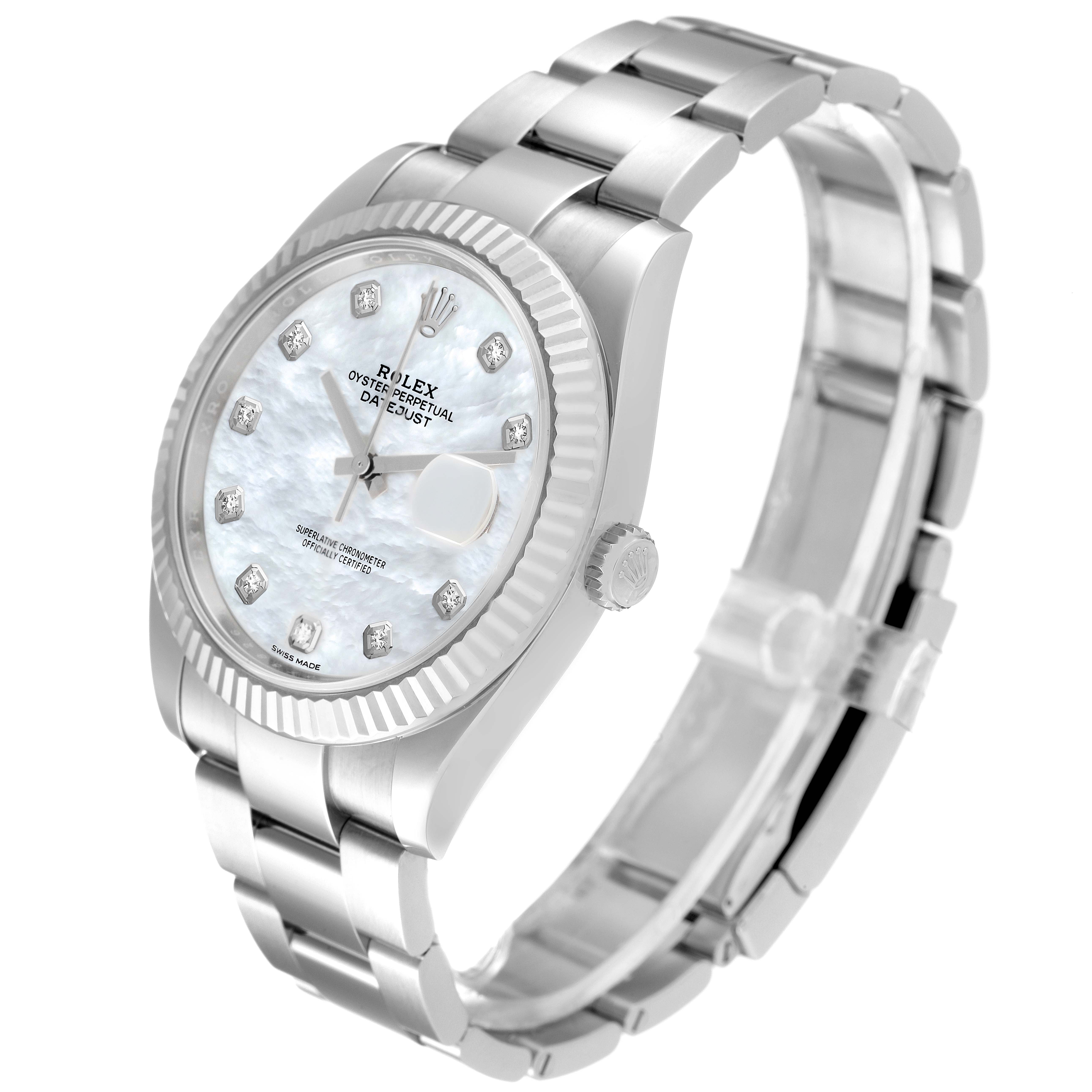 The image shows a Rolex Datejust 41 126334 Men's Stainless Steel Mother of Pearl Dial 126334 Men's Stainless Steel Mother of Pearl Dial watch from an angled side view, capturing the dial, bezel, bracelet, and crown.