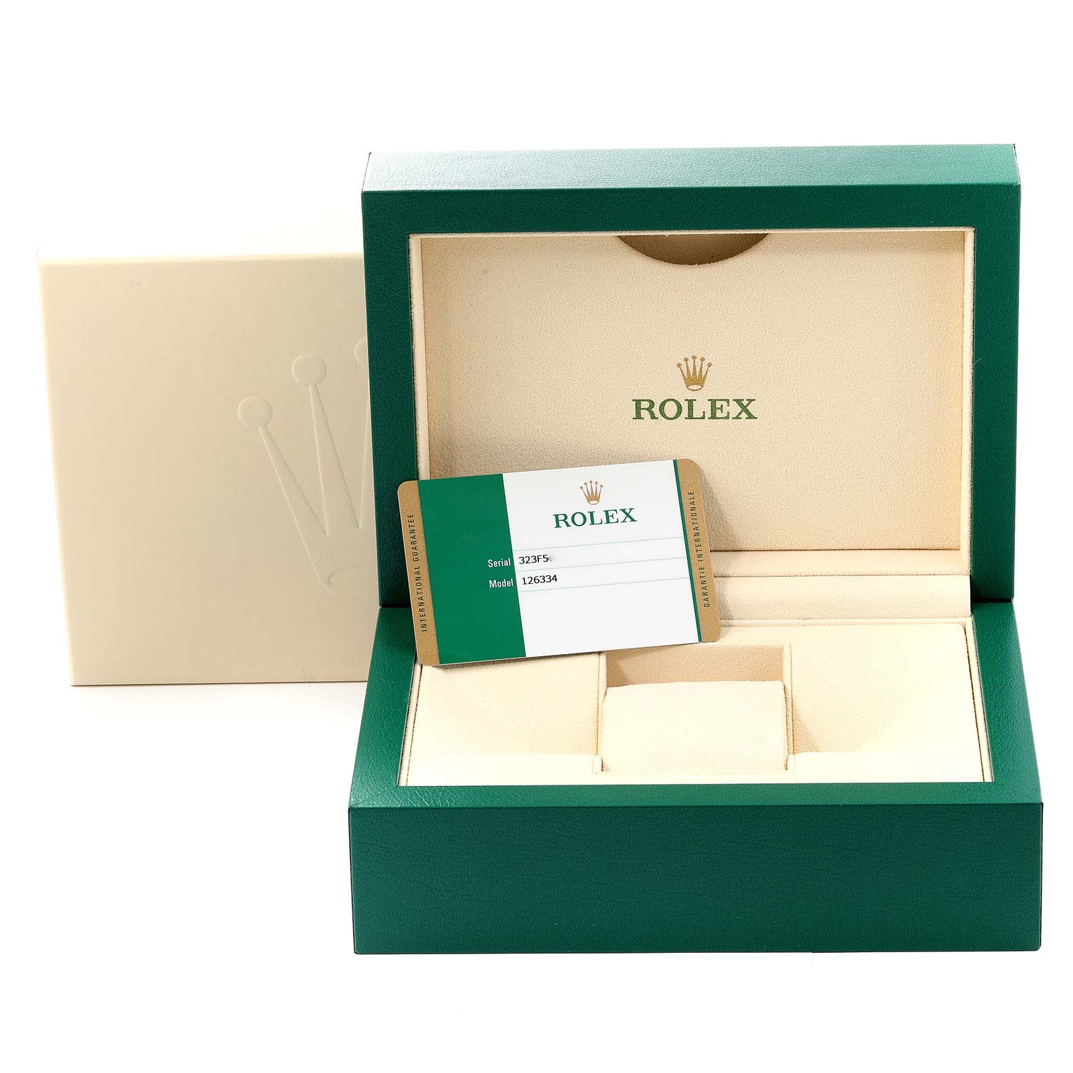 This image shows the open box and authenticity card for a Rolex Datejust 41 126334 Men's Stainless Steel Mother of Pearl Dial 126334 Men's Stainless Steel Mother of Pearl Dial model.