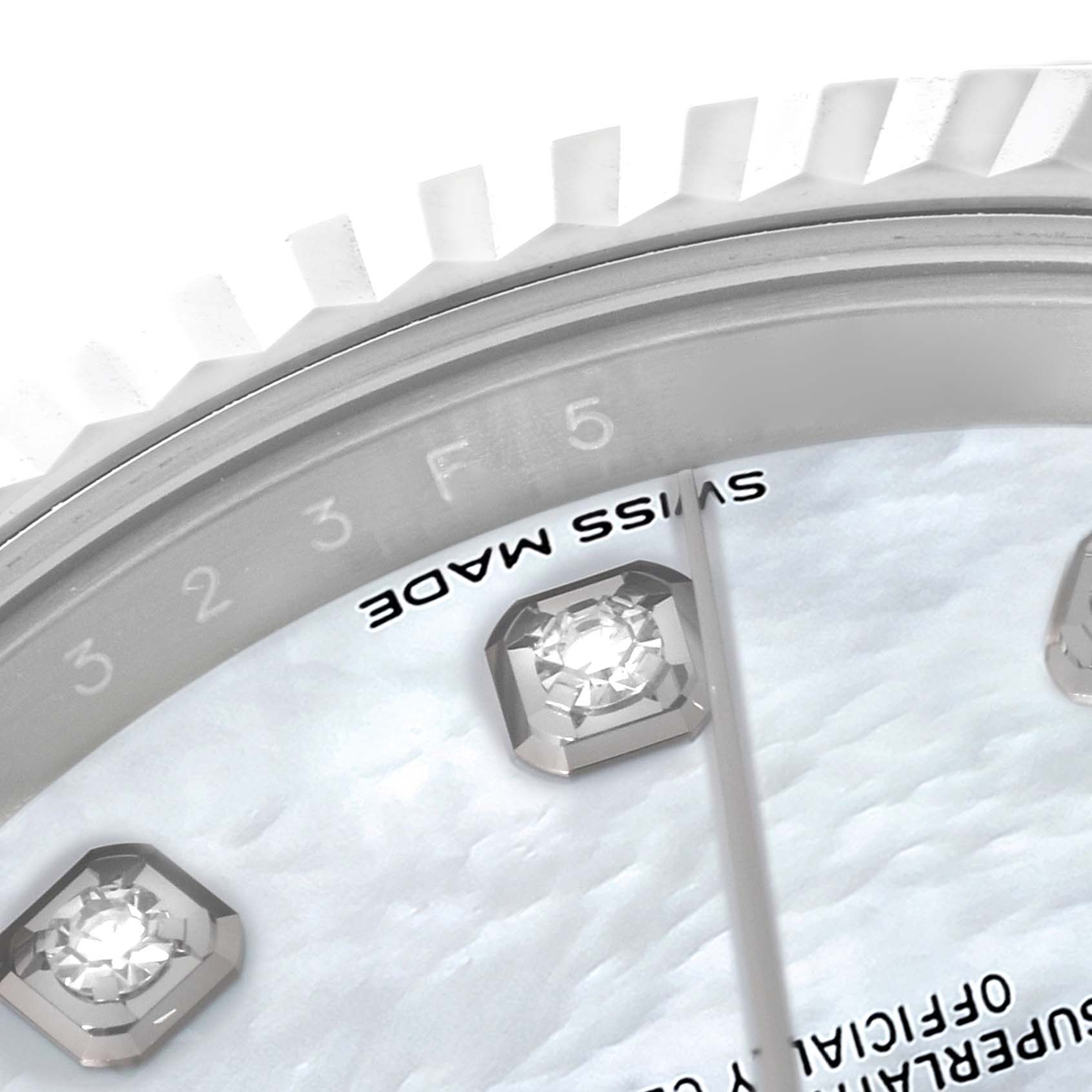 This close-up angle shows the dial, indices, and bezel edge of the Rolex Datejust 41 126334 Men's Stainless Steel Mother of Pearl Dial 126334 Men's Stainless Steel Mother of Pearl Dial model.