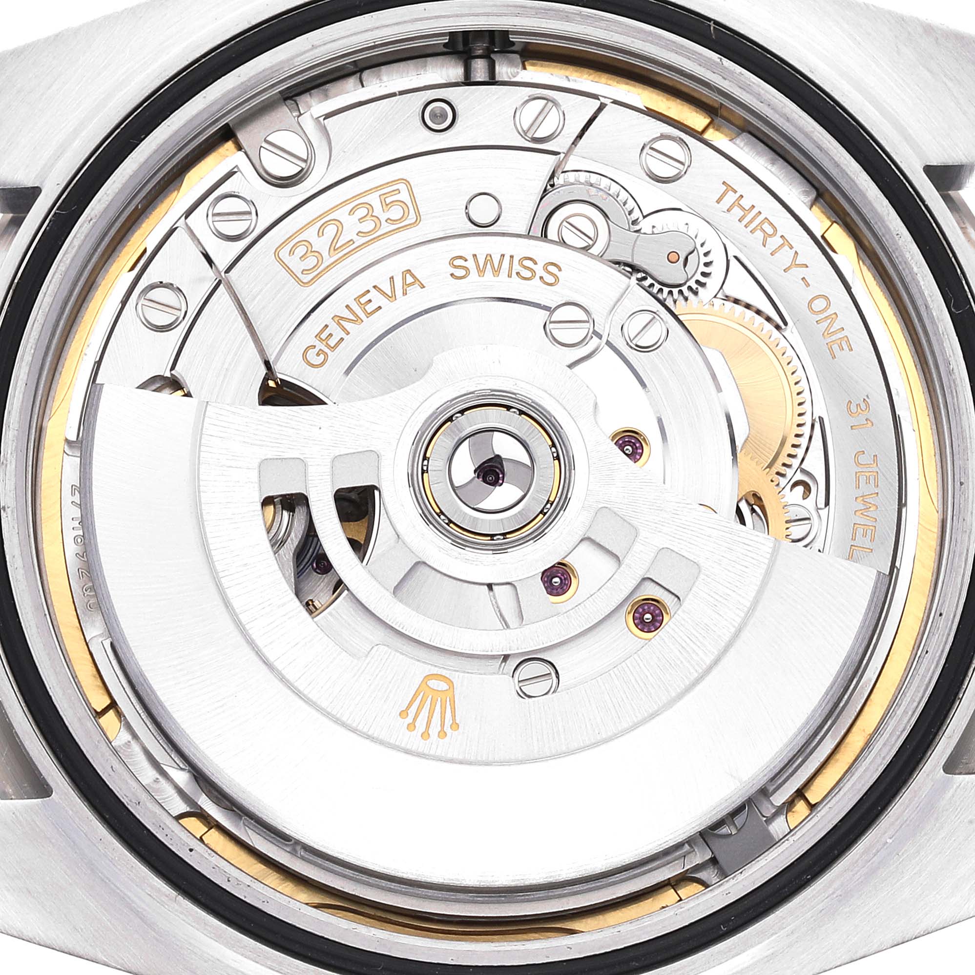 This image shows the movement mechanism of the Rolex Datejust 41 126334 Men's Stainless Steel Mother of Pearl Dial 126334 Men's Stainless Steel Mother of Pearl Dial, specifically the Caliber 3235.
