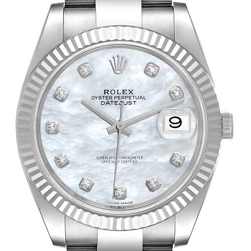 Photo of Rolex Datejust 41 Steel White Gold MOP Diamond Mens Watch 126334 Box Card