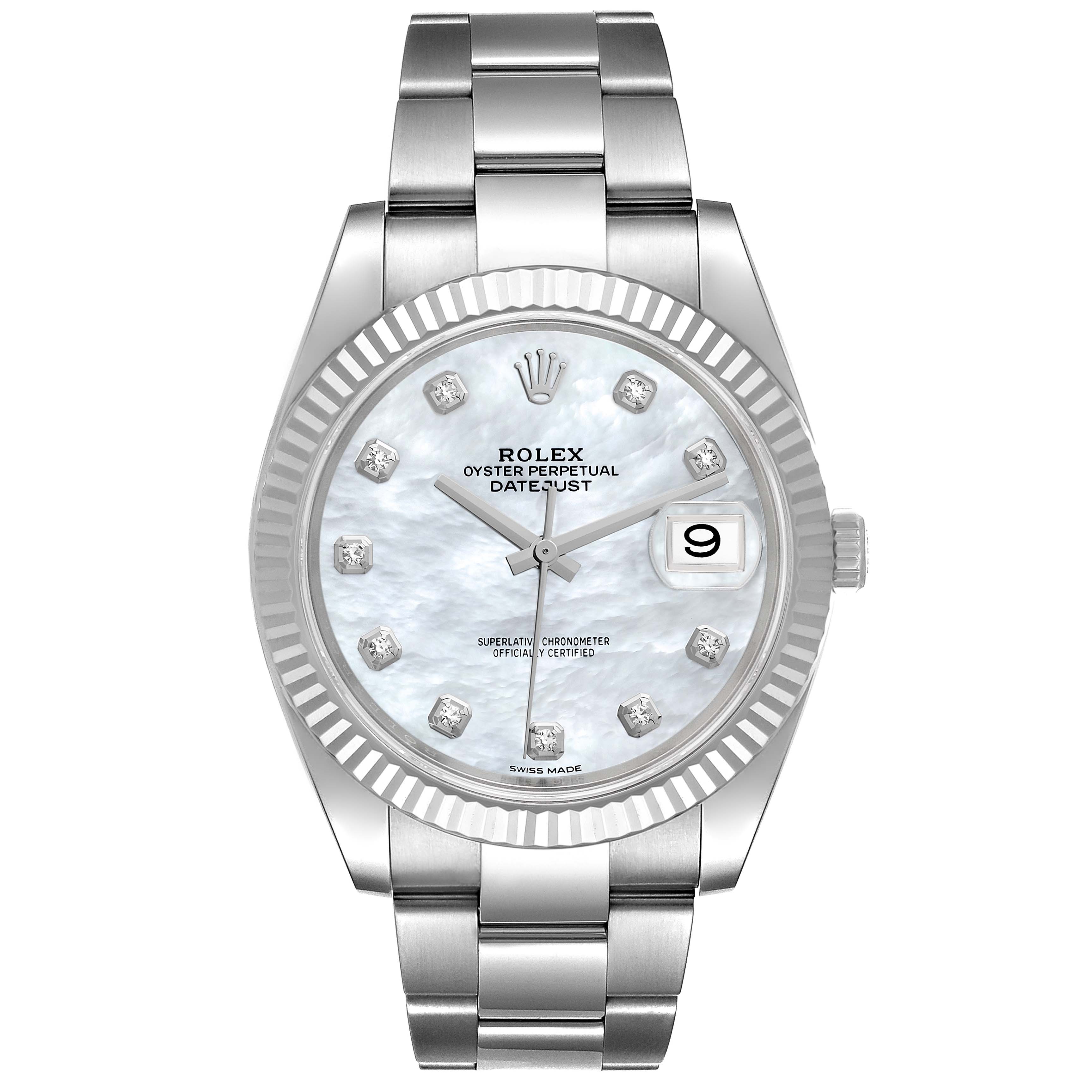 The image shows a Rolex Datejust 41 126334 Men's Stainless Steel Mother of Pearl Dial 126334 Men's Stainless Steel Mother of Pearl Dial watch from a front angle, highlighting its face, bracelet, and fluted bezel.