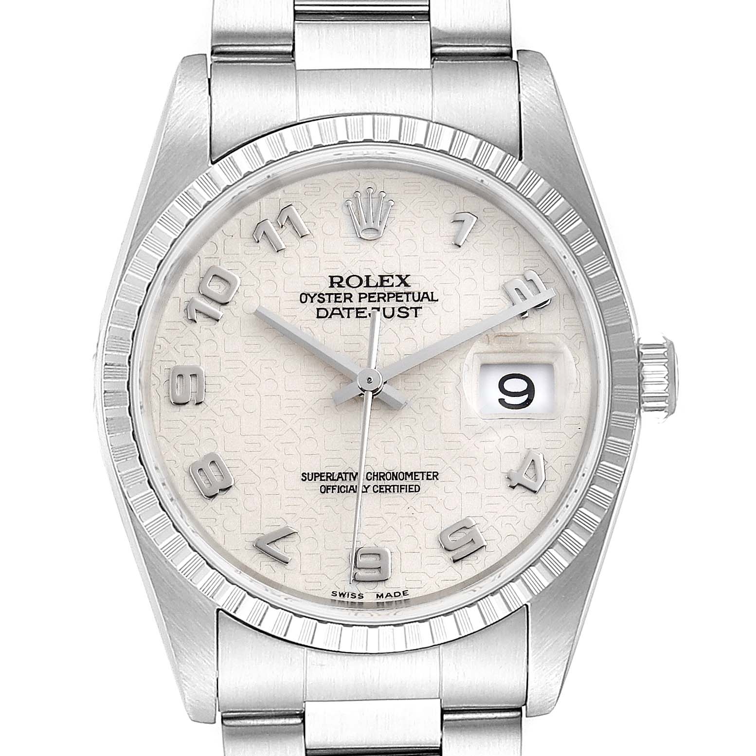 This image shows a front-facing view of a Rolex Datejust 16220 Men
s Stainless Steel Silver Dial 16220 Men
s Stainless Steel Silver Dial watch displaying its dial, hands, date window, and part of the bracelet.