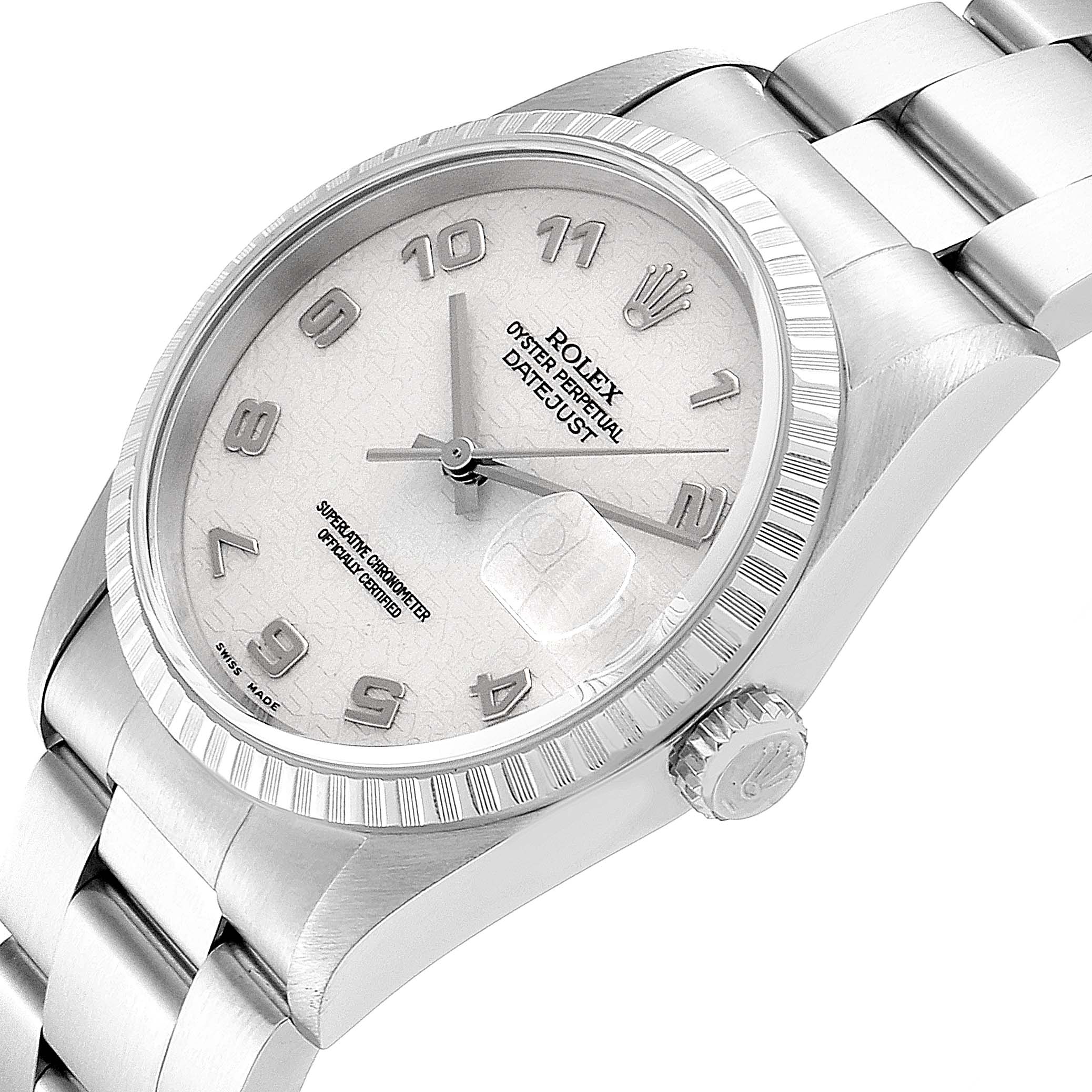 This image shows a Rolex Datejust 16220 Men
s Stainless Steel Silver Dial 16220 Men
s Stainless Steel Silver Dial watch at a slight angle, emphasizing the face, bezel, and part of the bracelet.