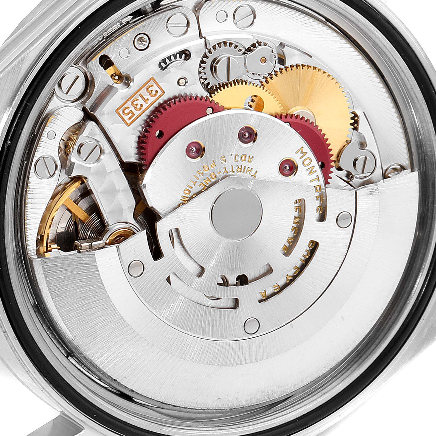 This image shows the intricate inner mechanism of the Rolex Datejust 16220 Men
s Stainless Steel Silver Dial 16220 Men
s Stainless Steel Silver Dial watch from a close-up angle.