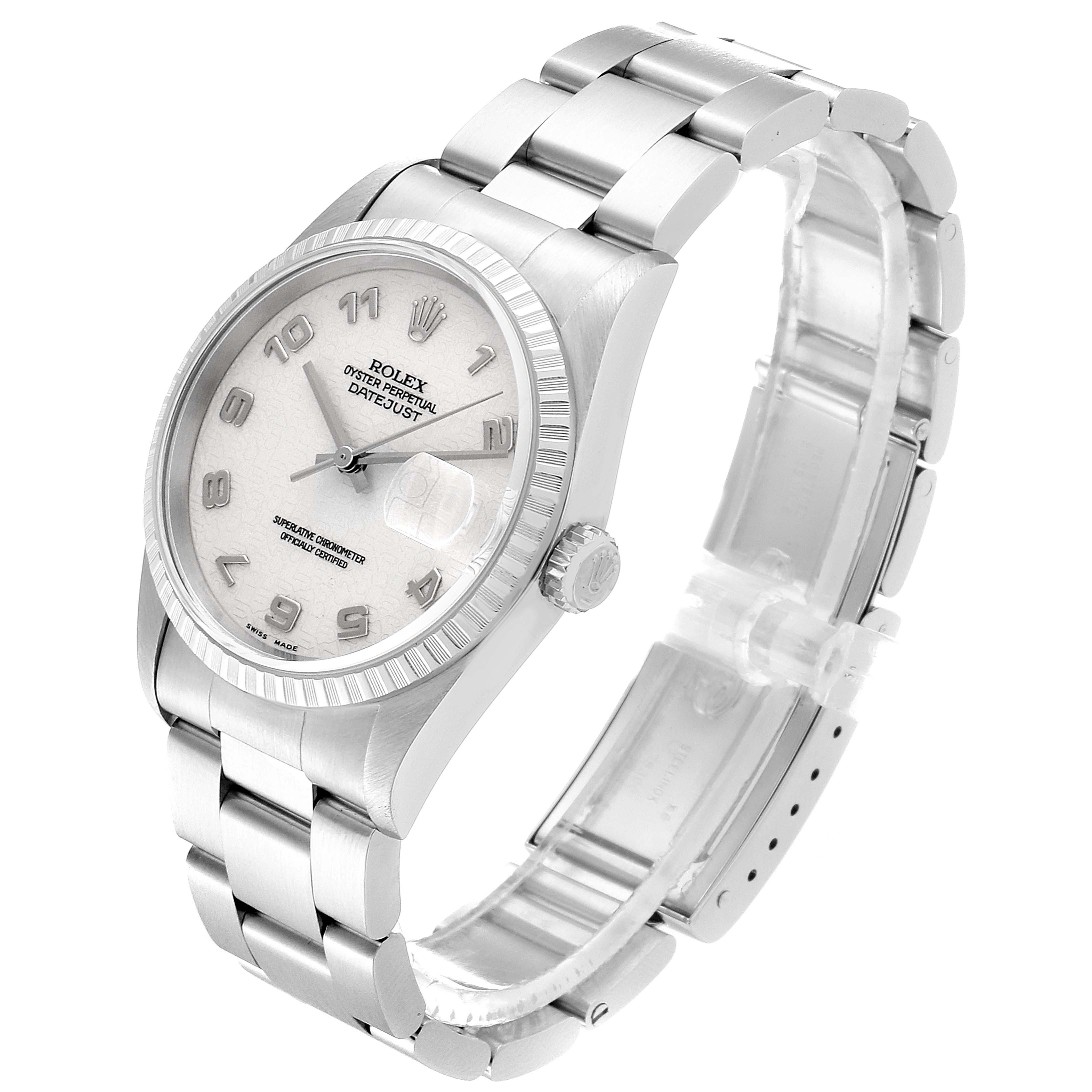 The image shows a Rolex Datejust 16220 Men
s Stainless Steel Silver Dial 16220 Men
s Stainless Steel Silver Dial watch at a slight angle, displaying its dial, bezel, crown, and stainless steel bracelet.