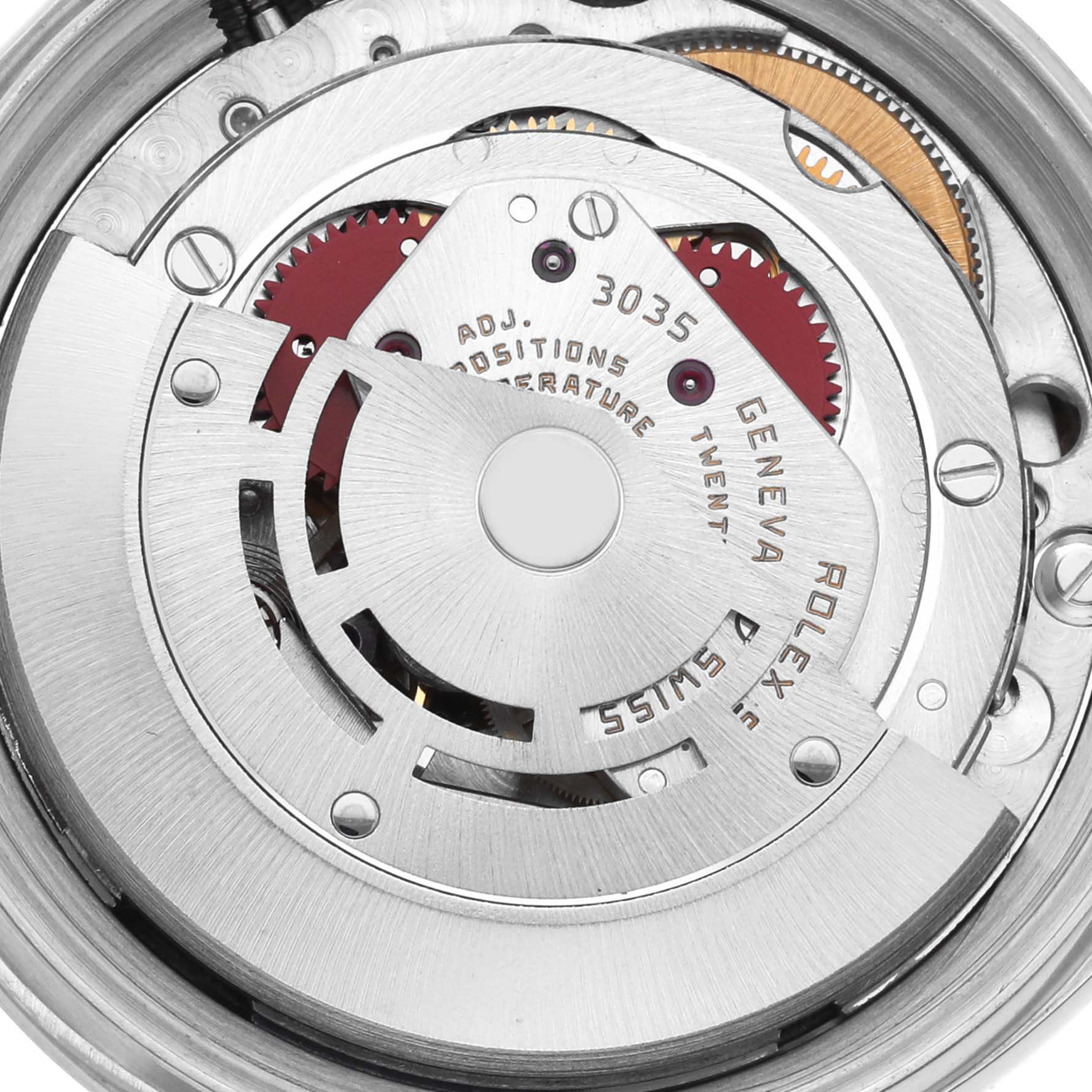 The image shows a close-up view of the movement mechanism inside a Rolex Datejust 16030 Men's Stainless Steel Silver Dial 16030 Men's Stainless Steel Silver Dial watch.