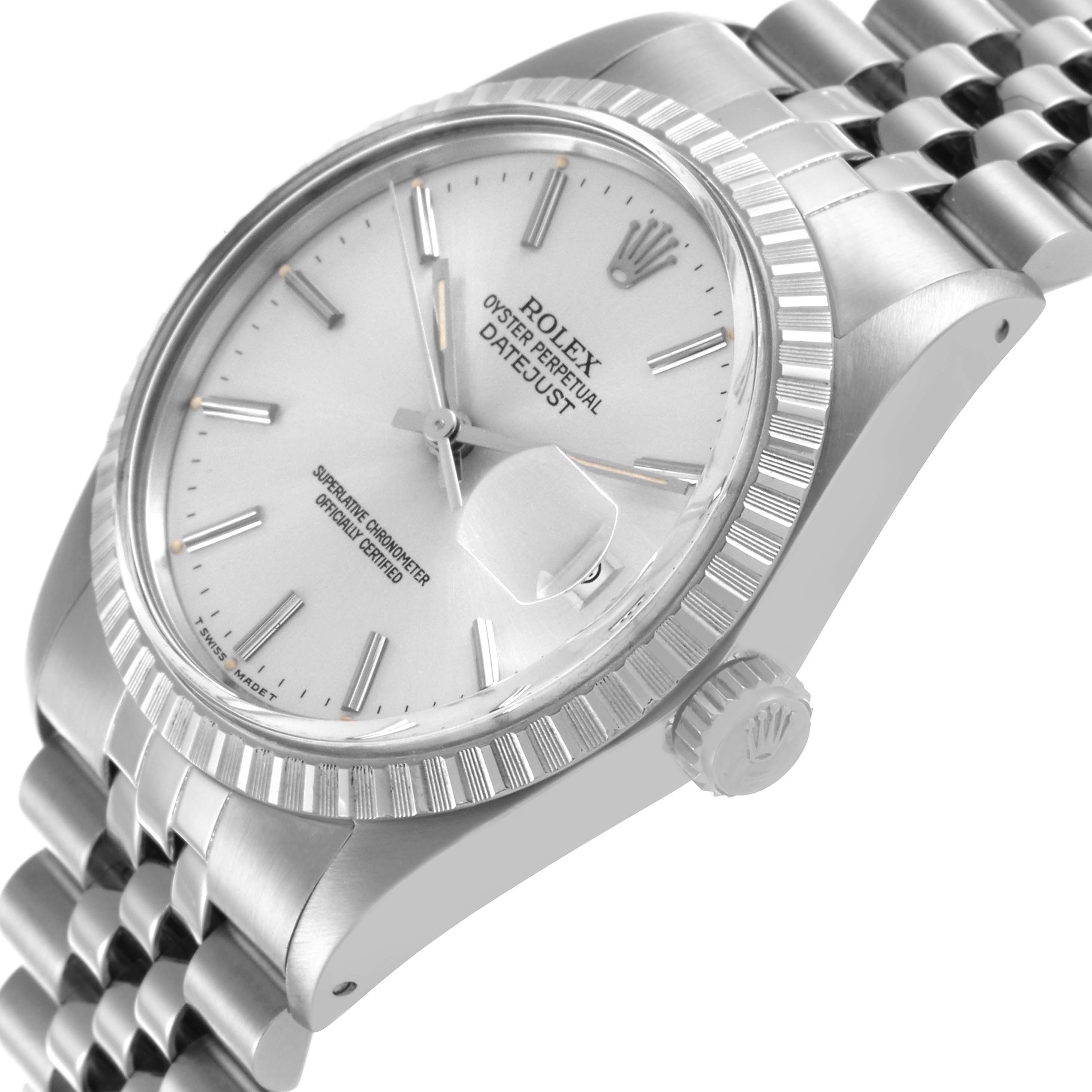 The Rolex Datejust 16030 Men's Stainless Steel Silver Dial 16030 Men's Stainless Steel Silver Dial watch is shown at an angle highlighting the dial, bezel, and crown, with a partial view of the bracelet.