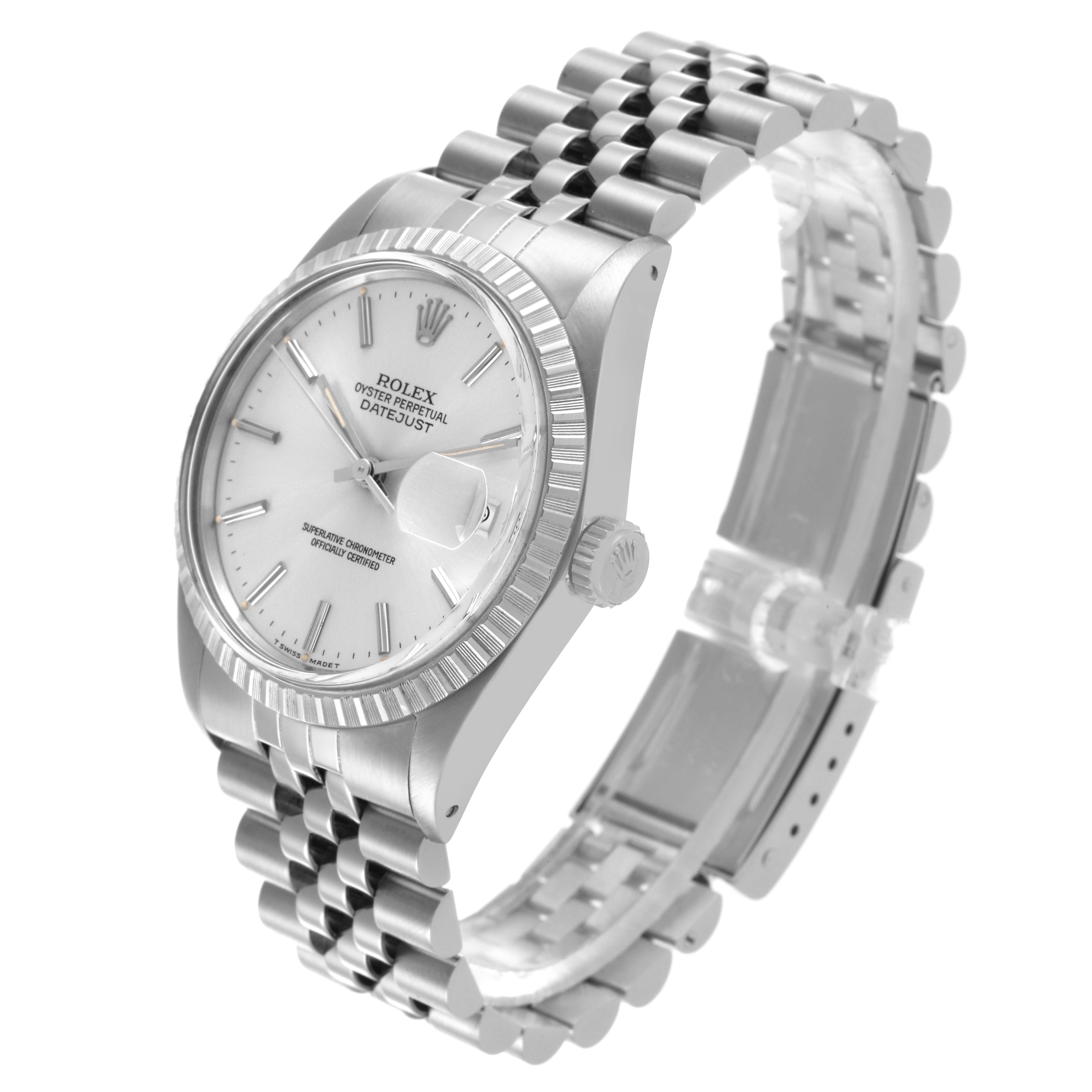 The Rolex Datejust 16030 Men's Stainless Steel Silver Dial 16030 Men's Stainless Steel Silver Dial watch is shown at an angled side view, displaying the face, bezel, crown, and bracelet.