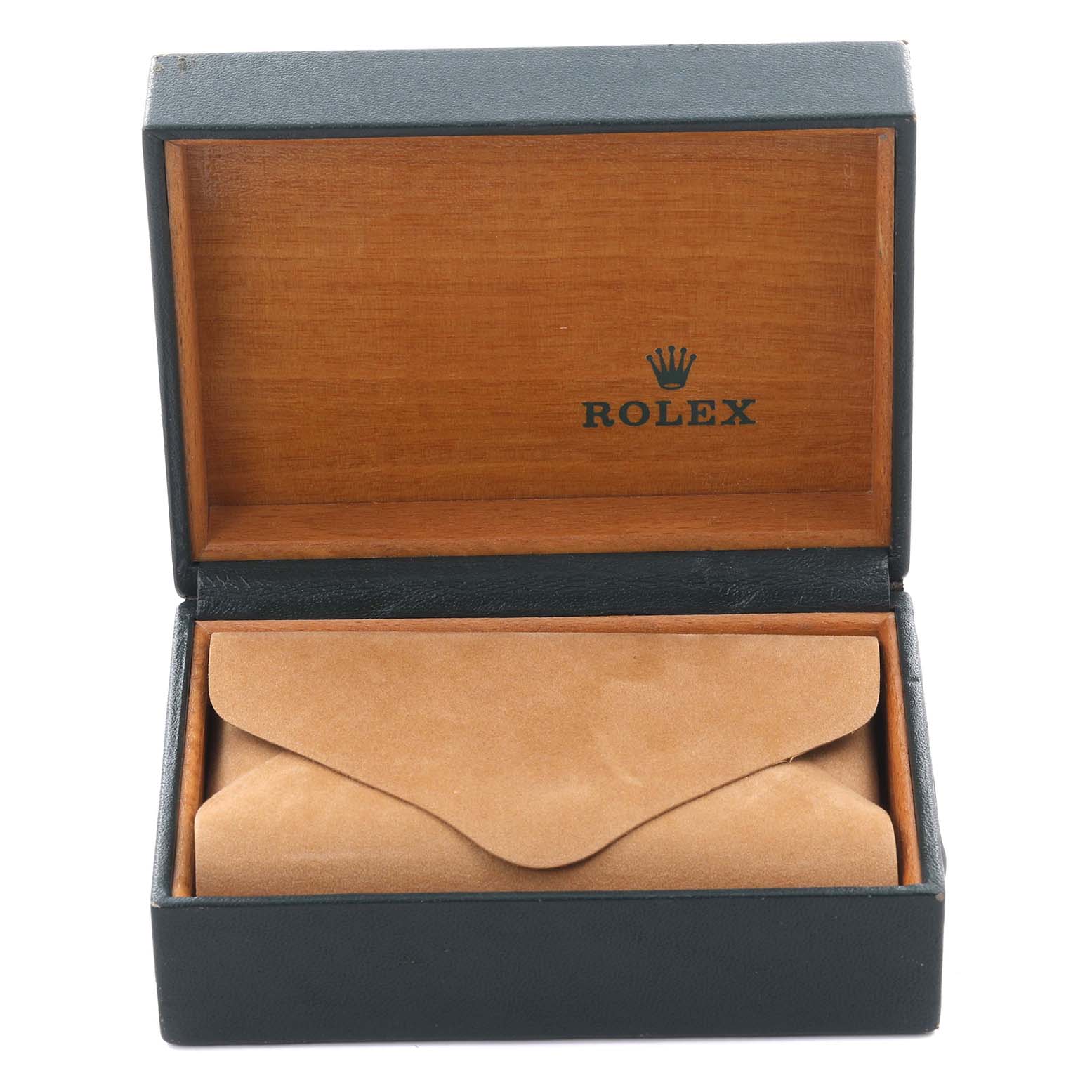 The image shows an open Rolex Datejust 16030 Men's Stainless Steel Silver Dial 16030 Men's Stainless Steel Silver Dial watch box from a frontal angle, containing a suede pouch.