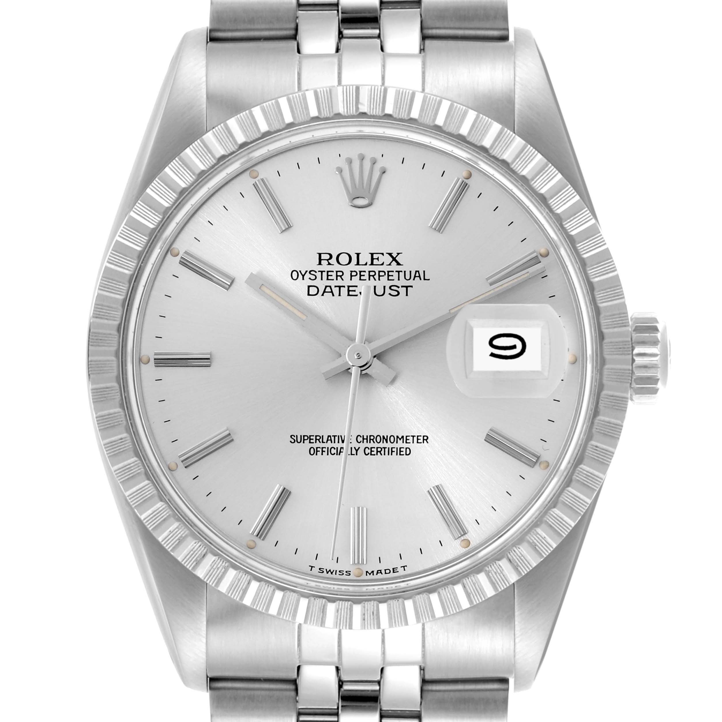 The image shows the face of the Rolex Datejust 16030 Men's Stainless Steel Silver Dial 16030 Men's Stainless Steel Silver Dial watch from a front angle, highlighting its dial, bezel, and part of the bracelet.