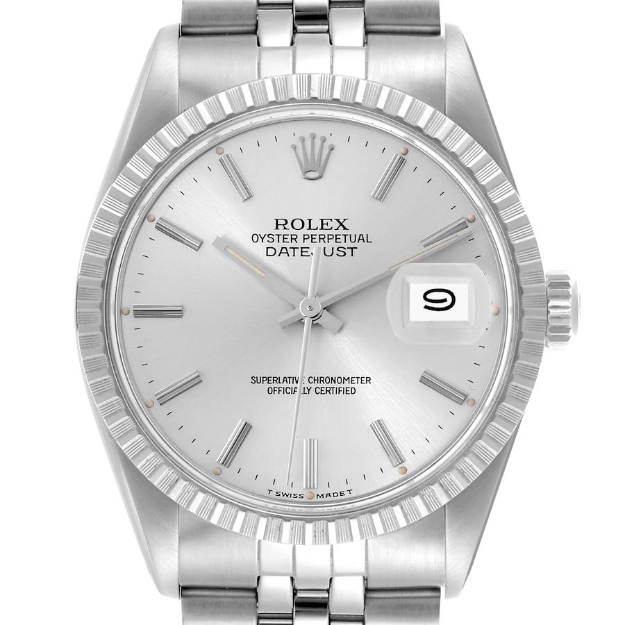 The image shows the face of the Rolex Datejust watch from a front angle, highlighting its dial, bezel, and part of the bracelet.