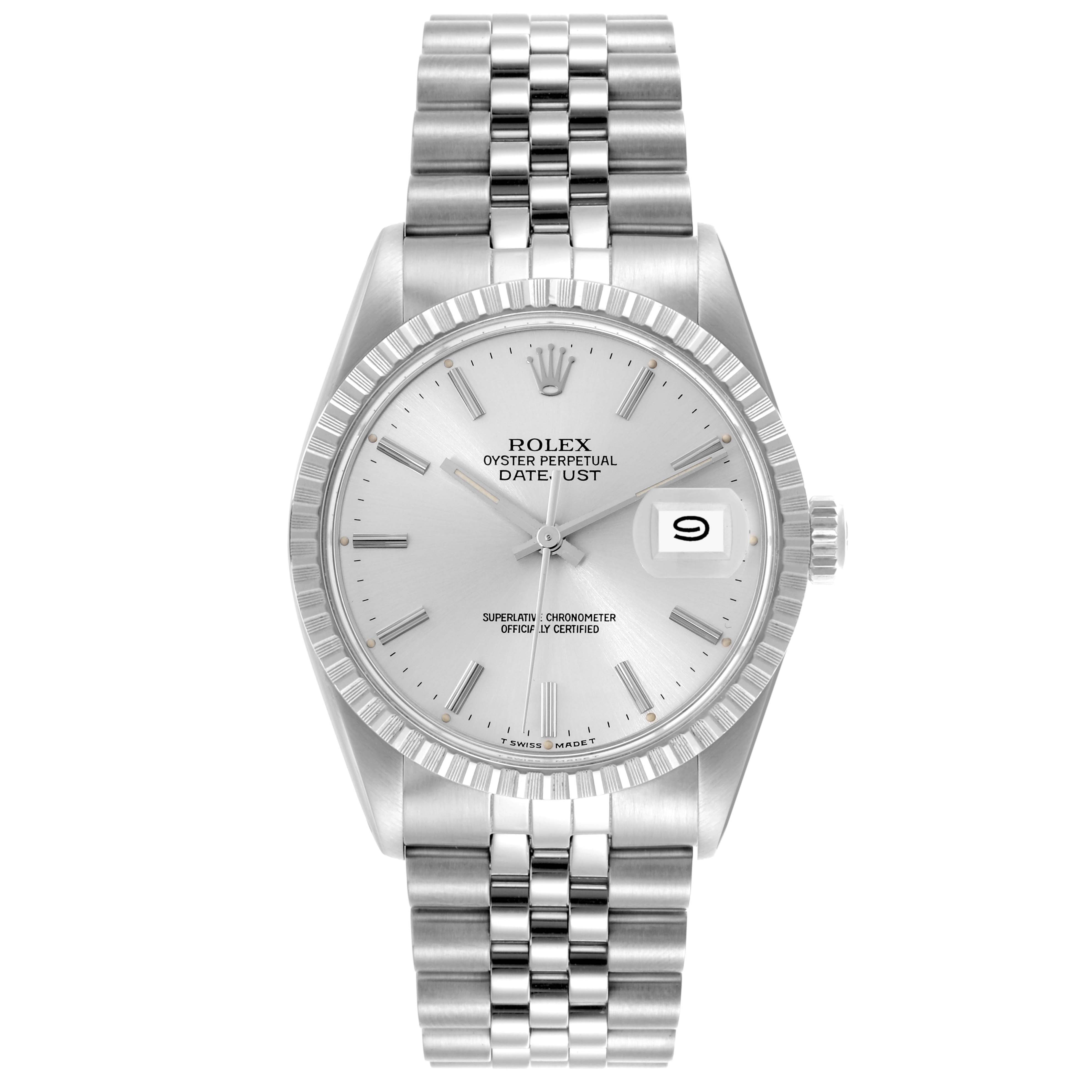 The Rolex Datejust 16030 Men's Stainless Steel Silver Dial 16030 Men's Stainless Steel Silver Dial watch is shown from a front angle, displaying the face, bezel, and Jubilee bracelet.