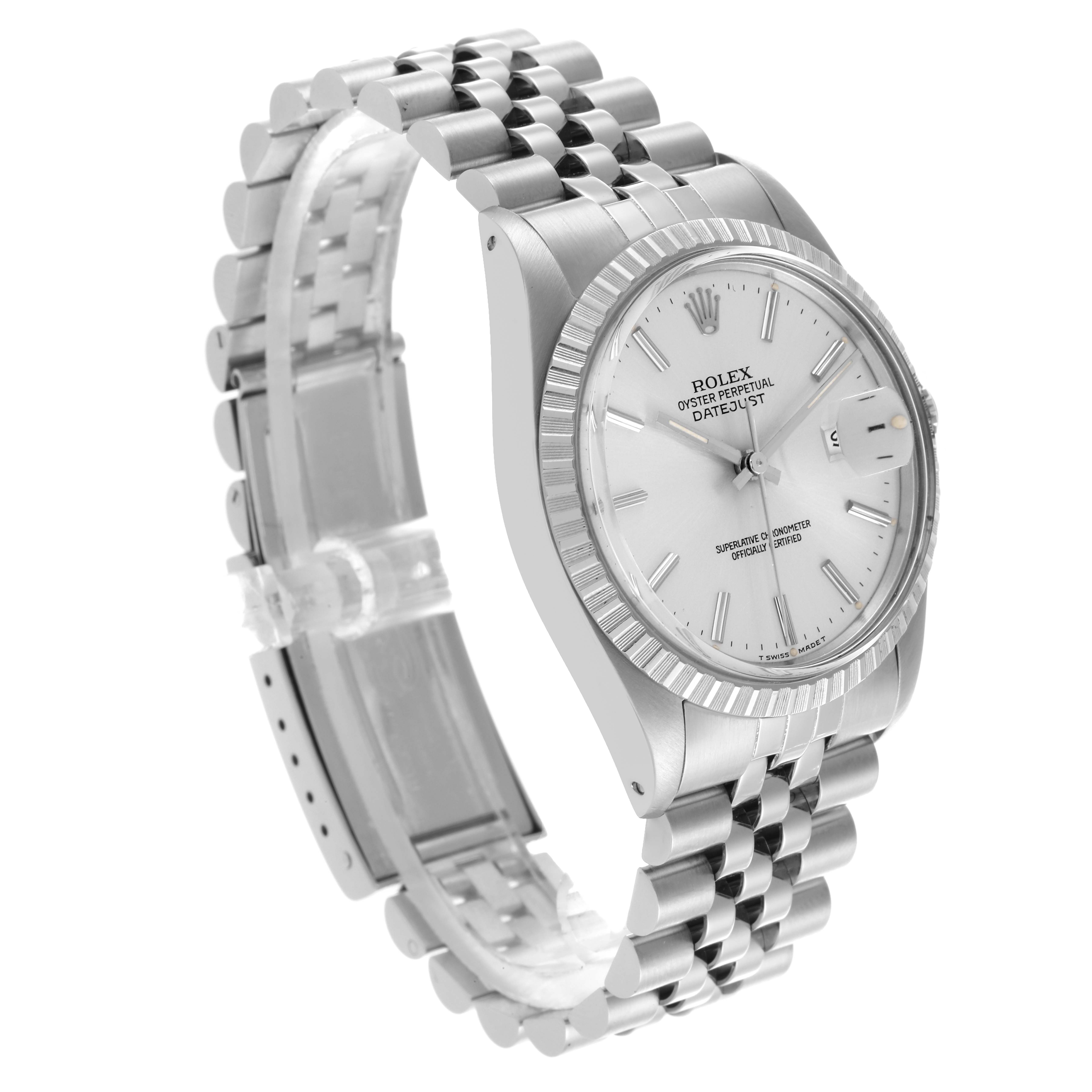 The Rolex Datejust 16030 Men's Stainless Steel Silver Dial 16030 Men's Stainless Steel Silver Dial watch is shown at an angled view, highlighting the dial, fluted bezel, and jubilee bracelet.